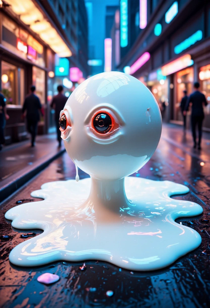 a white wobbly creature moves through the street of a cyberpunk city. Milk is dripping from the creature to the street.