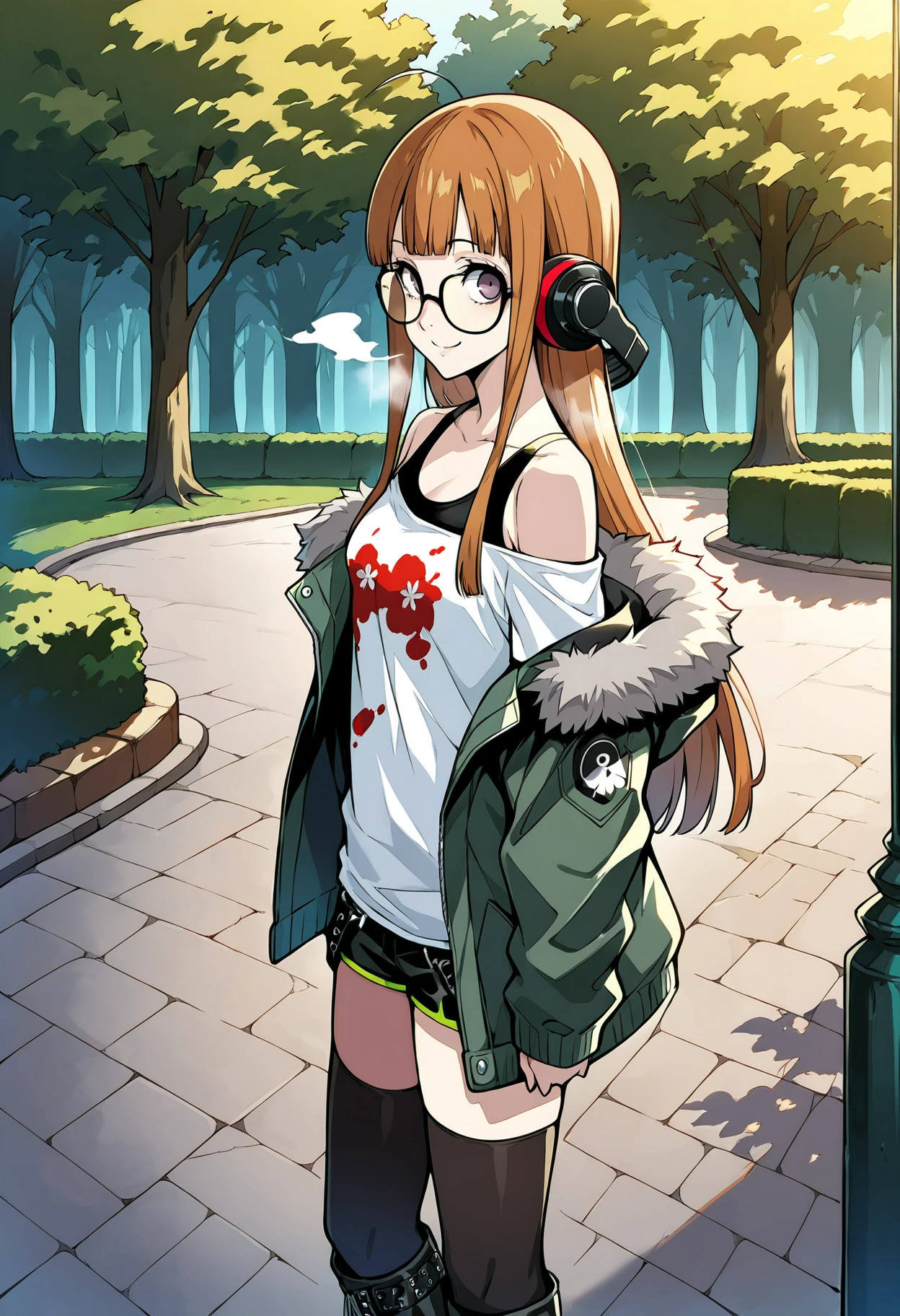 1 girl, solo, cute face,
p5futaba, sakura futaba, long hair, glasses, blunt bangs, orange hair, ahoge
p5-futaba-winter, behind-the-head headphones, fur-trimmed jacket, green jacket, shirt, tank top, off shoulder, bare shoulders, black shorts, black thighhighs, boots, knee boots
outside, park, cold, standing, looking at viewer, smile, foggy breath, from side,
masterpiece, best quality, ultra detailed, thin outlines