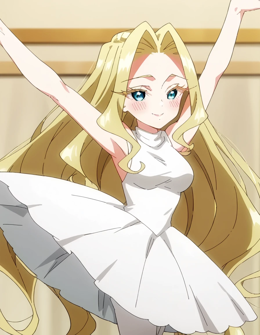 score_9, score_8_up, score_7_up, source_anime, <lora:mimimi-utsukushisugi-trailer-ponyxl-lora-nochekaiser:1>, mimimi utsukushisugi, long hair, bangs, blue eyes, blonde hair, very long hair, parted bangs, hair intakes, colored eyelashes, breasts, anime screencap, <lora:tutu-ponyxl-lora-nochekaiser:1>, tutu, ballerina, ballet, ballet slippers, white pantyhose, indoors, dancing, smile, blush, arms up, leg up, dutch angle,, , cowboy shot, solo