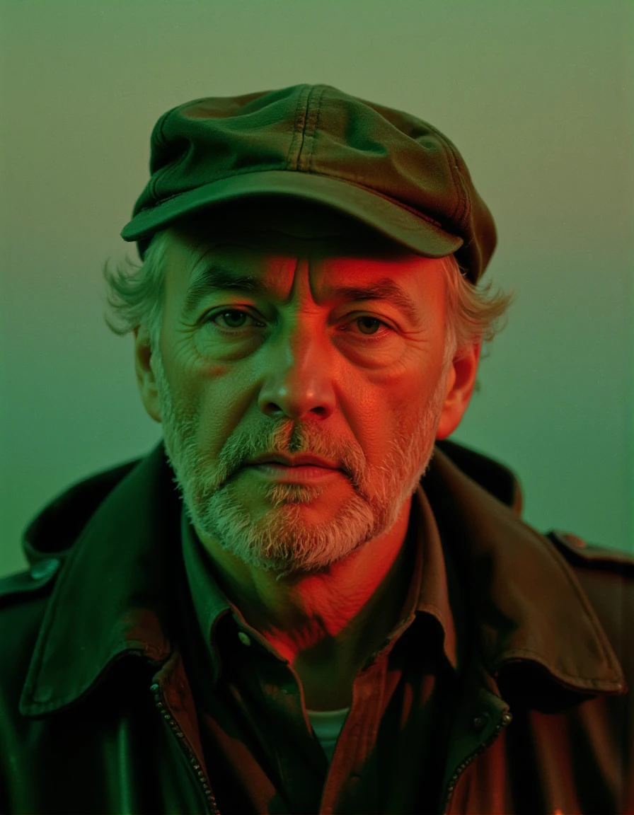 cinematic still featuring an older man with a ginger beard and a rugged, charismatic presence. He wears a worn green hat and a matching jacket, suggesting a life filled with adventure, (green and red hue:0.5), sci-fi, Aim for high-resolution, 4K quality to ensure sharp details and depth.  highly detailed VFX, realistic film grain,  <lora:blood-machines-v2:0.8> dgbl00dmach1n3sv2 style