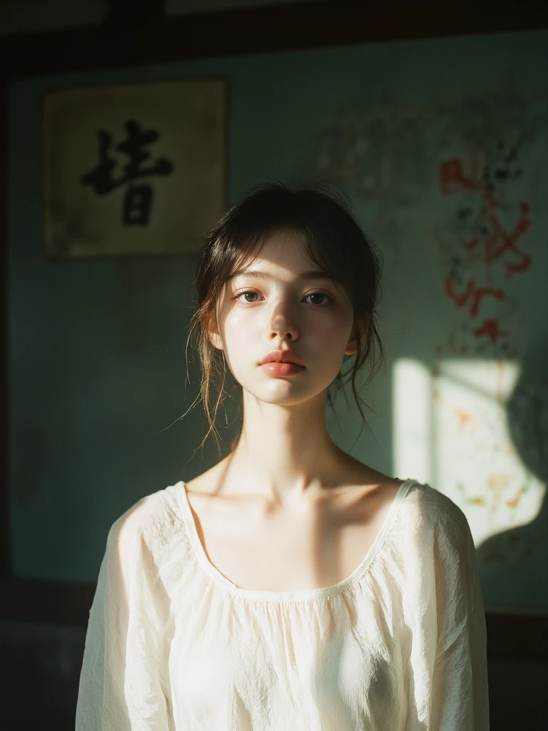 A girl wearing a white top stands against a Chinese backdrop, with strong contrast between light and dark, captured in film photography.,dingdaer