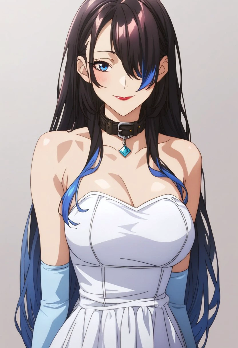 score_9, score_8_up, score_7_up, 1s2k41dech34tsk1ll,IsekaideCheatSkill,Isekai de Cheat Skill,   rating_safe,  1girl, solo, long hair, breasts, looking at viewer, blush, smile, bangs, blue eyes,  large breasts, black hair, closed dress, gloves, dress, bare shoulders, closed mouth,  blue hair, upper body, multicolored hair, elbow gloves, hair over one eye, collar, lips,  gradient hair, red lips,