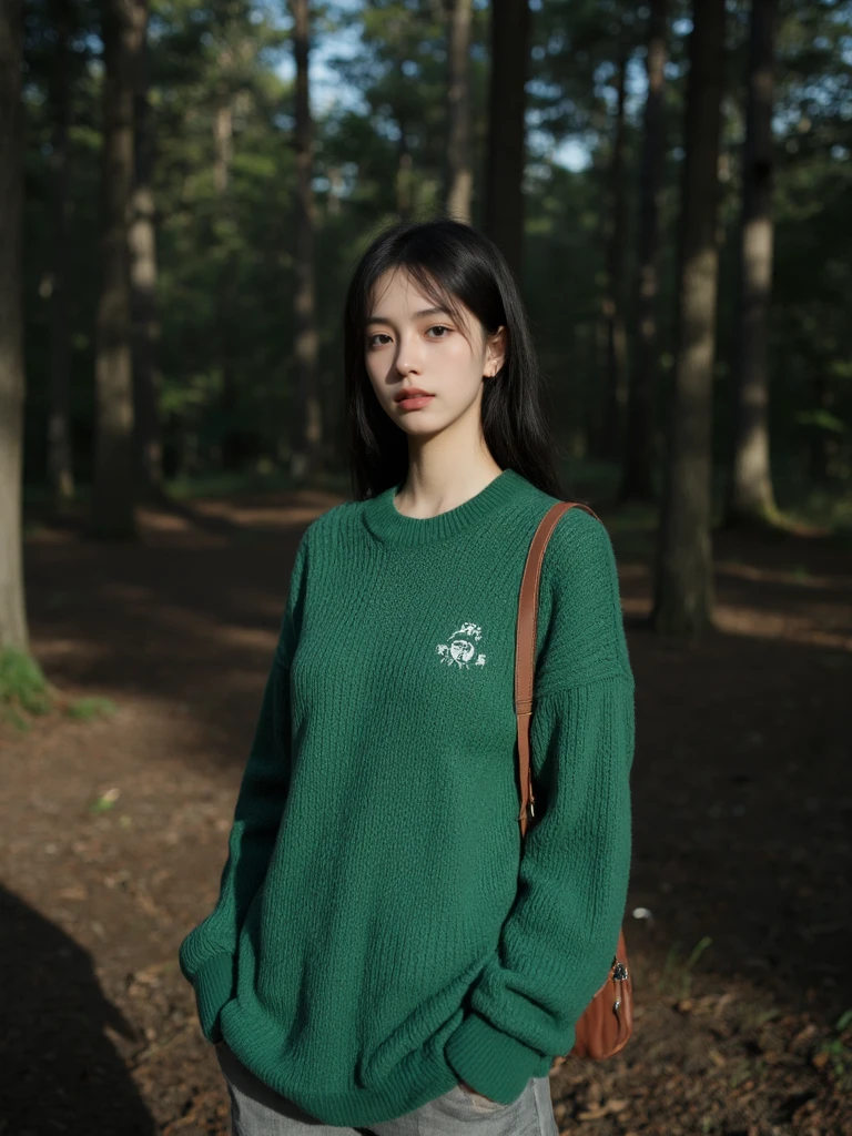 A girl wearing a green sweater stands in the forest, with strong contrast between light and shadow, film photography, holding a camera in her hand.,DonRatios