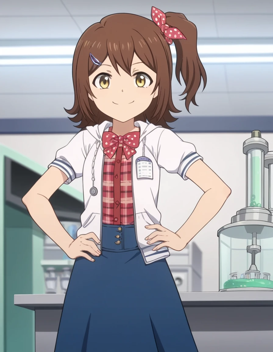 score_9, score_8_up, score_7_up, source_anime, <lora:mirai-kasuga-s1-ponyxl-lora-nochekaiser:1>, mirai kasuga, short hair, brown hair, hair ornament, hairclip, one side up, polka dot bowtie, anime screencap, skirt, shirt, jacket, short sleeves, blue skirt, plaid, plaid shirt,, laboratory, beakers, microscope, scientist, experiments, smile, smug, hand on own hip,, looking at viewer, solo,, cowboy shot, solo