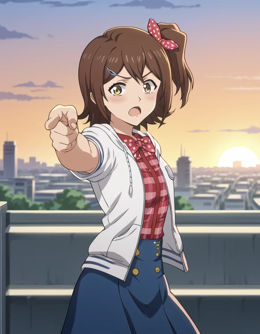 score_9, score_8_up, score_7_up, source_anime, <lora:mirai-kasuga-s1-ponyxl-lora-nochekaiser:1>, mirai kasuga, short hair, brown hair, hair ornament, hairclip, one side up, polka dot bowtie, anime screencap, skirt, shirt, jacket, short sleeves, blue skirt, plaid, plaid shirt,, rooftop, sunset, cityscape, quiet moment, wind blowing, contemplative, , <lora:jotaro-kujo-pose-ponyxl-lora-nochekaiser:1>, jotaro kujo pose, kujo jotaro's pose (jojo), jojo pose, pointing, pointing at viewer, blush, open mouth, bed room,, cowboy shot, looking at viewer, solo,, cowboy shot, solo