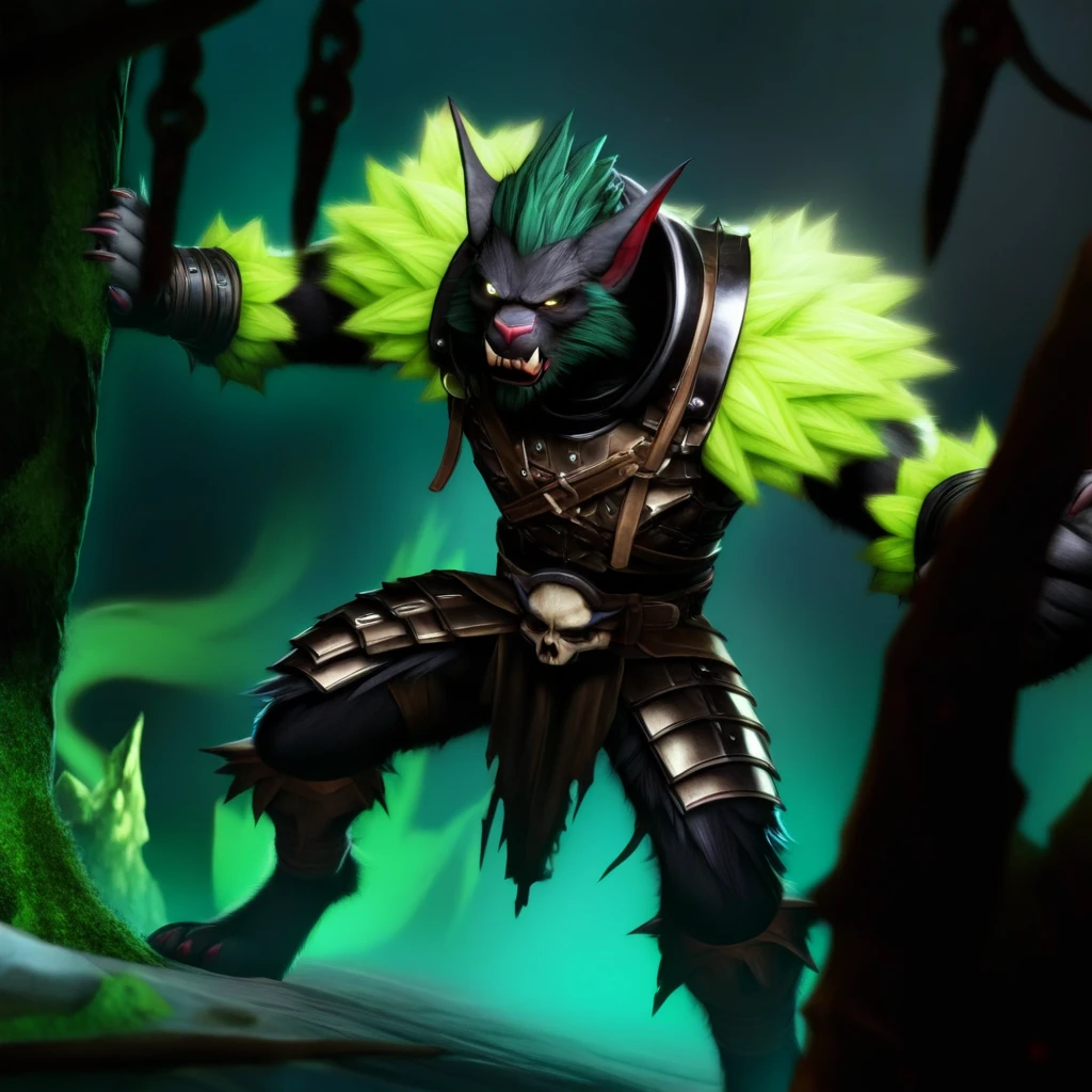 bugbear rogue, blackened leather armor, dimly lit dungeon, glowing green moss, stealthy stance, shadowy ambiance, eerie lighting, cinematic perspective, ultra-sharp textures, tension-filled environment <lora:Bugbears - illustrious:1> buggies