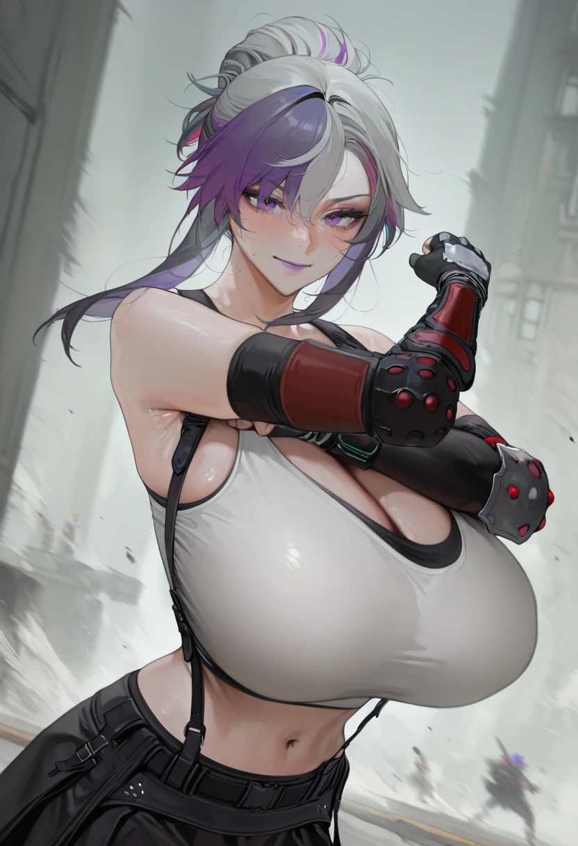 masterpiece, best quality, amazing quality, very aesthetic, absurdres, newest,
tifa lockhart, final fantasy, cosplay, action shot, cinematic angle, power pose, action, movement, light smile, <lora:Sivka-IL:1> sivka, gigantic breasts, multicolored hair, grey hair, purple hair, purple eyes, purple lips, ohisashiburi