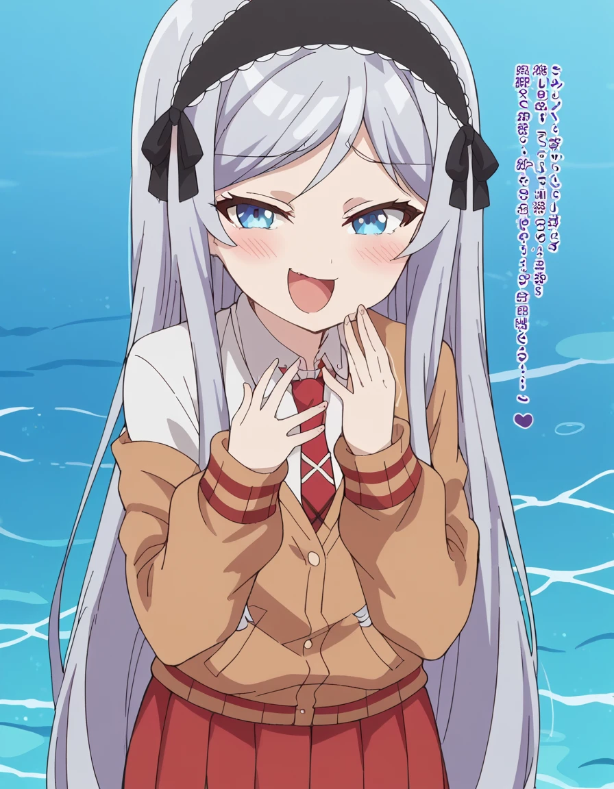 score_9, score_8_up, score_7_up, source_anime, <lora:shisei-houjo-alpha-ponyxl-lora-nochekaiser:1>, shisei houjo, long hair, blue eyes, very long hair, grey hair, black hairband, maturefemale, small breasts, anime screencap, skirt, shirt, school uniform, white shirt, pantyhose, pleated skirt, necktie, miniskirt, red skirt, cardigan, red necktie, white pantyhose,, river, flowing, fish, banks, current, , <lora:pov-bullying-ponyxl-lora-nochekaiser:1> pov bullying, teasing, smug, bullying, laughing, open mouth, blush, hand up, cowboy shot,, looking at viewer, solo,, cowboy shot, solo