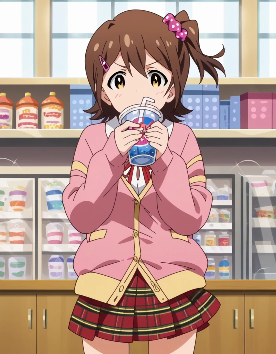 score_9, score_8_up, score_7_up, source_anime, <lora:mirai-kasuga-ingame-ponyxl-lora-nochekaiser:1>, mirai kasuga, short hair, brown hair, hair ornament, hairclip, one side up, scrunchie, anime screencap, skirt, school uniform, plaid skirt, plaid, cardigan, ribbon, red ribbon,, bar, drinks, stools, counter, nightlife, , v,, looking at viewer, solo,, cowboy shot, solo