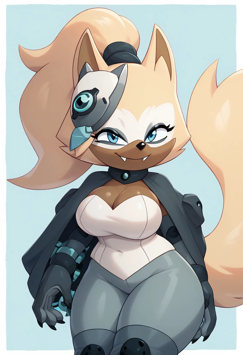 score_9, score_8_up, score_7_up, (best quality, adorable), ultra-detailed, high resolution, 8k, 1girl, Whisper the Wolf, beige fur, brown skin, blue eyes, fangs, white tube top, gray pants, gray cloak, dark gray boots, Spy mask, holding wispon, dark blue background, ((big breasts, voluptuous, thick thighs, skinny, curvy, busty, high quality, masterpiece, wide hips)), (((dutch angle, sexy tease, sexy pose, stylish pose))) BREAK outside, Rich, Detailed background, ambient light