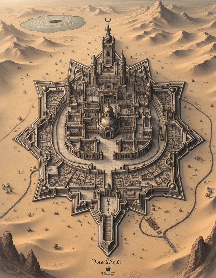a dictymp map, a vintage cityscape engraving map, Arabian Nights Dream City, A bird's-eye view map of a mythical city from Arabian folklore, surrounded by endless golden dunes. The city is filled with domed palaces and minarets topped with crescent moons, their surfaces glinting in the sunlight. Intricate marketplaces overflow with treasures, while magic carpets and glowing lanterns float through the air. The distant horizon shimmers with mirages of otherworldly oases., <lora:city-maps_v12-000040:1>