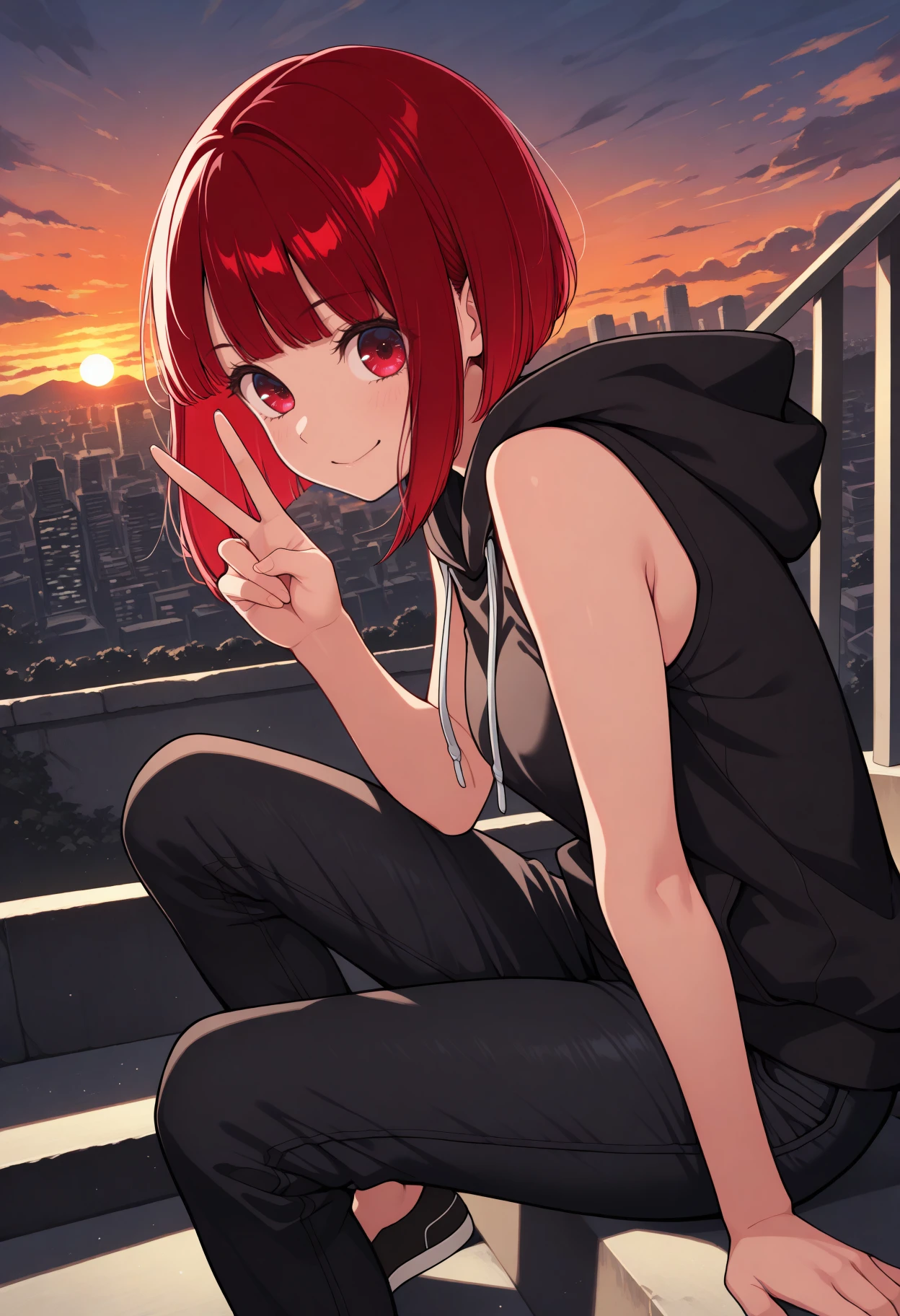 masterpiece, best quality, solo, 1girl, k4narnd, smile, looking at viewer, sitting, on stairs, arm support, v, medium hair, red hair, bob cut, inverted bob, red eyes, black hoodie, sleeveless hoodie, hood down, drawstring, black pants, denim, outdoors, sunset, cloud, cityscape
<segment:yolo-Anzhc Face seg 640 v2 y8n.pt,0.4,0.5//cid=1>