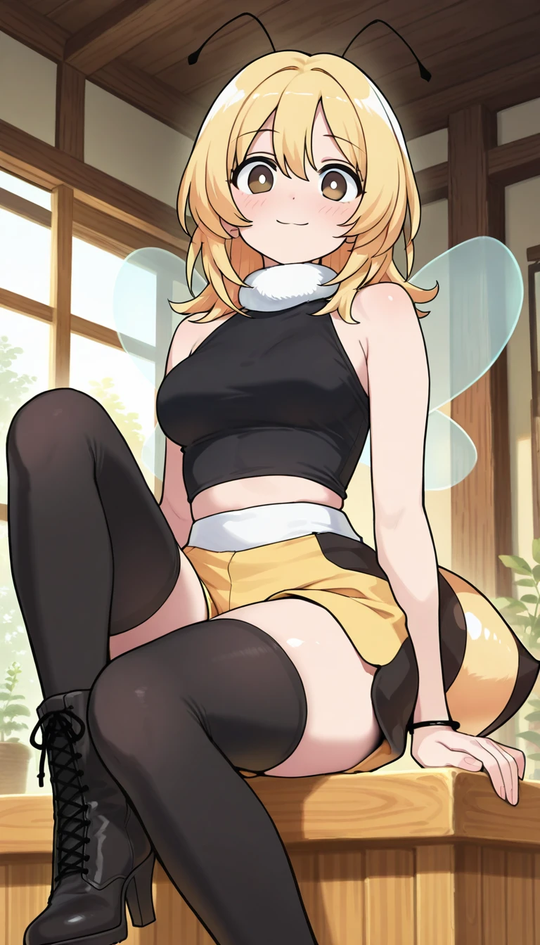 （One girl）、((short hair))、((Blonde))、[Liza]、(beautiful girl)、(plump)、green eyes、wizard、Black Vest、Black leotard、White sleeveless、((hairs between eyes))、((thigh-high socks thighhighs))、(long gloves)、say、((see-through)) 、(?????? squatting)、(small futanari)