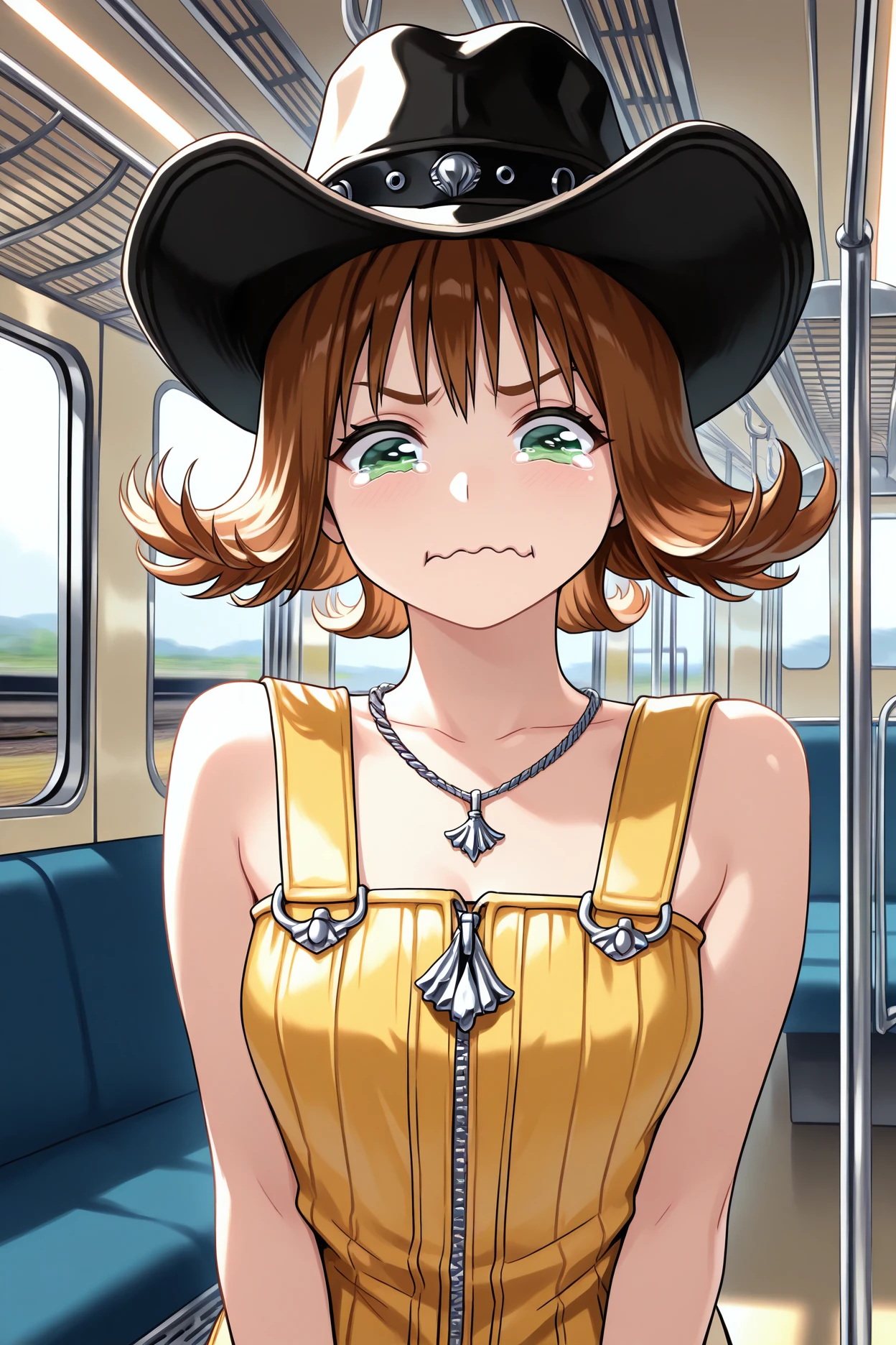 masterpiece, best quality, 1girl, solo,  <lora:ffselphie-illu-nvwls-v1-000006:1> ff8sphe, brown hair, flipped hair, short hair, green eyes, necklace, yellow dress, short dress, sleeveless dress, full-length zipper, cowboy hat,  <lora:meme_aquacrying_illustriousXL:1> aquacrying, wavy mouth, closed mouth, tearing up, upper body, train, indoors