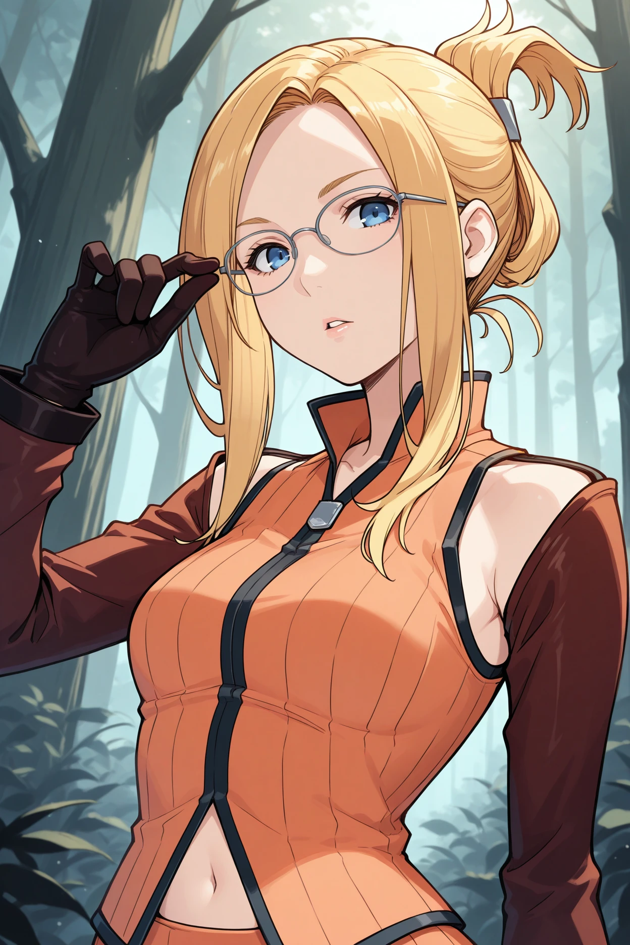 masterpiece, best quality, 1girl, solo, <lora:ffquistis-illu-nvwls-v1-000006:1> ffqsts, blonde hair, folded ponytail, blue eyes, glasses, detached sleeves, orange shirt, sleeveless shirt, navel, orange skirt, gloves, upper body, looking at viewer, parted lips, forest, portrait