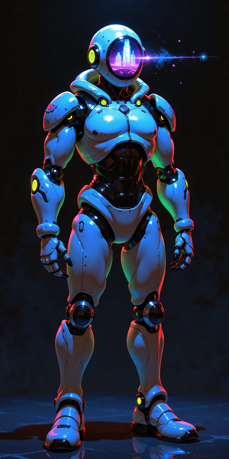 A futuristic, neon-lit robot stands heroically against a dark, gradient background, its metallic body glowing with vibrant hues of blue, green, and purple. The robot's pupil projects a miniature cityscape digital interface, pulsing with energy and surrounded by holographic displays that cast a kaleidoscope of colors across the space. The robot's confident pose exudes authority, as if prepared to command the digital realm, its metallic body reflected in the dark background like a beacon of innovation.