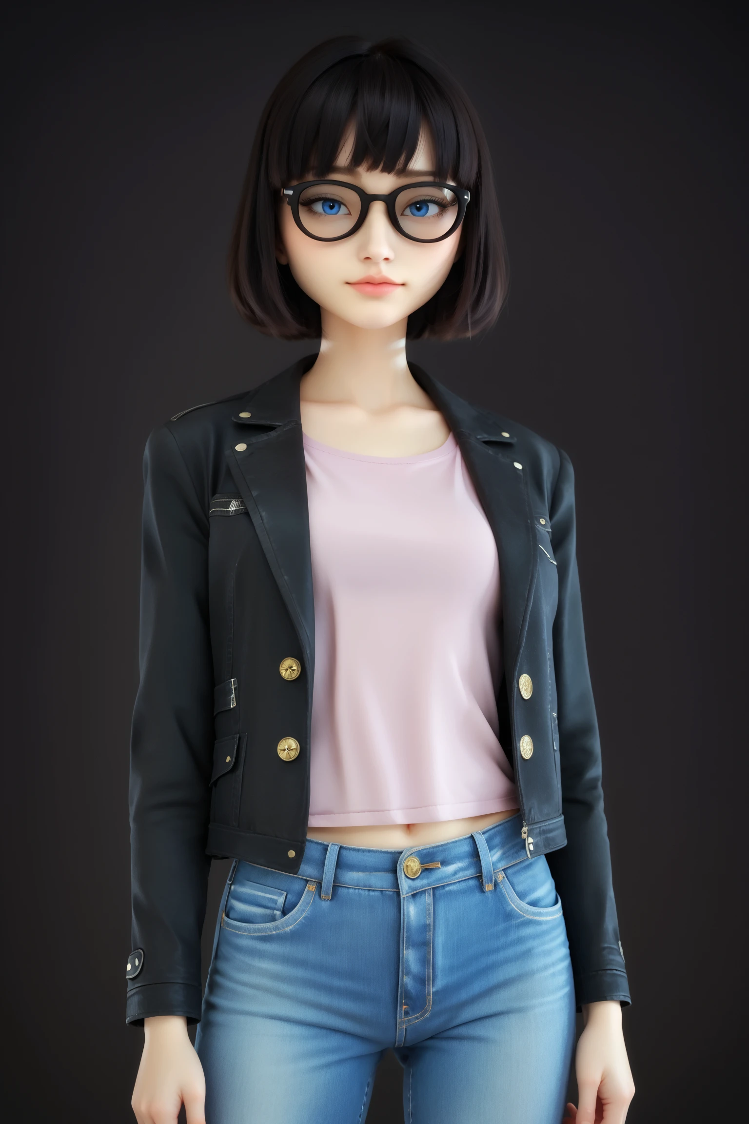 score_9, score_8_up, score_7_up, masterpiece, detailed, 4k, high quality, best quality, imtdirisv, 1girl, blue eyes, black hair, short hair, glasses, jacket, black-framed eyewear, blunt bangs, pants, black jacket, bob cut, jeans, denim, long sleeves, purple shirt, dark background