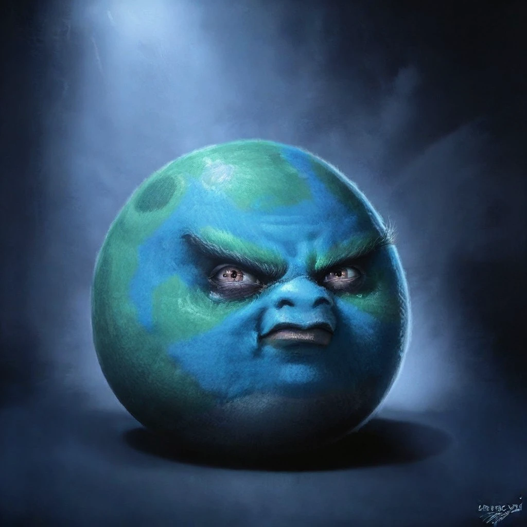 SamSprattAngryBirds, solo, detailed pores, wrinkles, Head only, close up, cropped body, upper body, bodyless, no body, head view, head focus, upper body, headshot, face focus, furrowed eyebrows, realistic, cartoonish, hyper-realistic, digital painting, digital art, painting, oil painting style, dramatic lighting, single light source, soft glow, muted background, radial gradient, spotlight effect, realism, dramatic composition, reflective highlights, round character, round head, looking at viewer, human, colored skin, noseless, no nose, no nostrils, 1girl, GlobalBrawl, blue skin, green spots on skin, angry, closed mouth