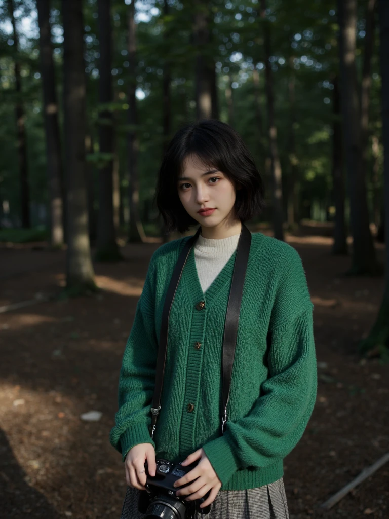 A girl wearing a green sweater stands in the forest, with strong contrast between light and shadow, film photography, holding a camera in her hand.,DonRatios