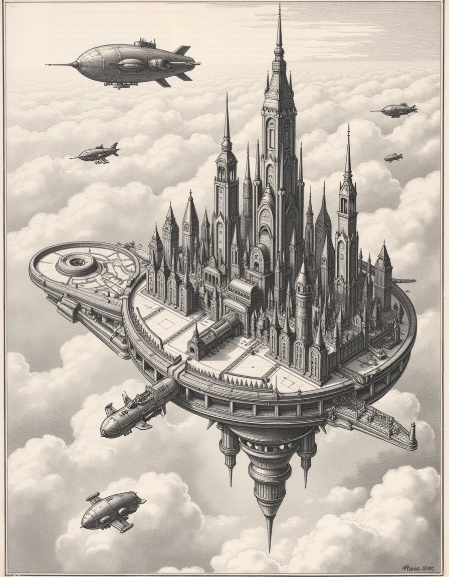 a dictymp map, a vintage cityscape engraving map, Sky Fortress City, A bird's-eye view map of a futuristic city perched on a colossal flying fortress, suspended by anti-gravity engines. The city includes sleek skyscrapers, hovercraft docks, and energy shields protecting against external threats. The map depicts an expansive view of the clouds below and smaller airships orbiting the city., <lora:city-maps_v12-000040:1>