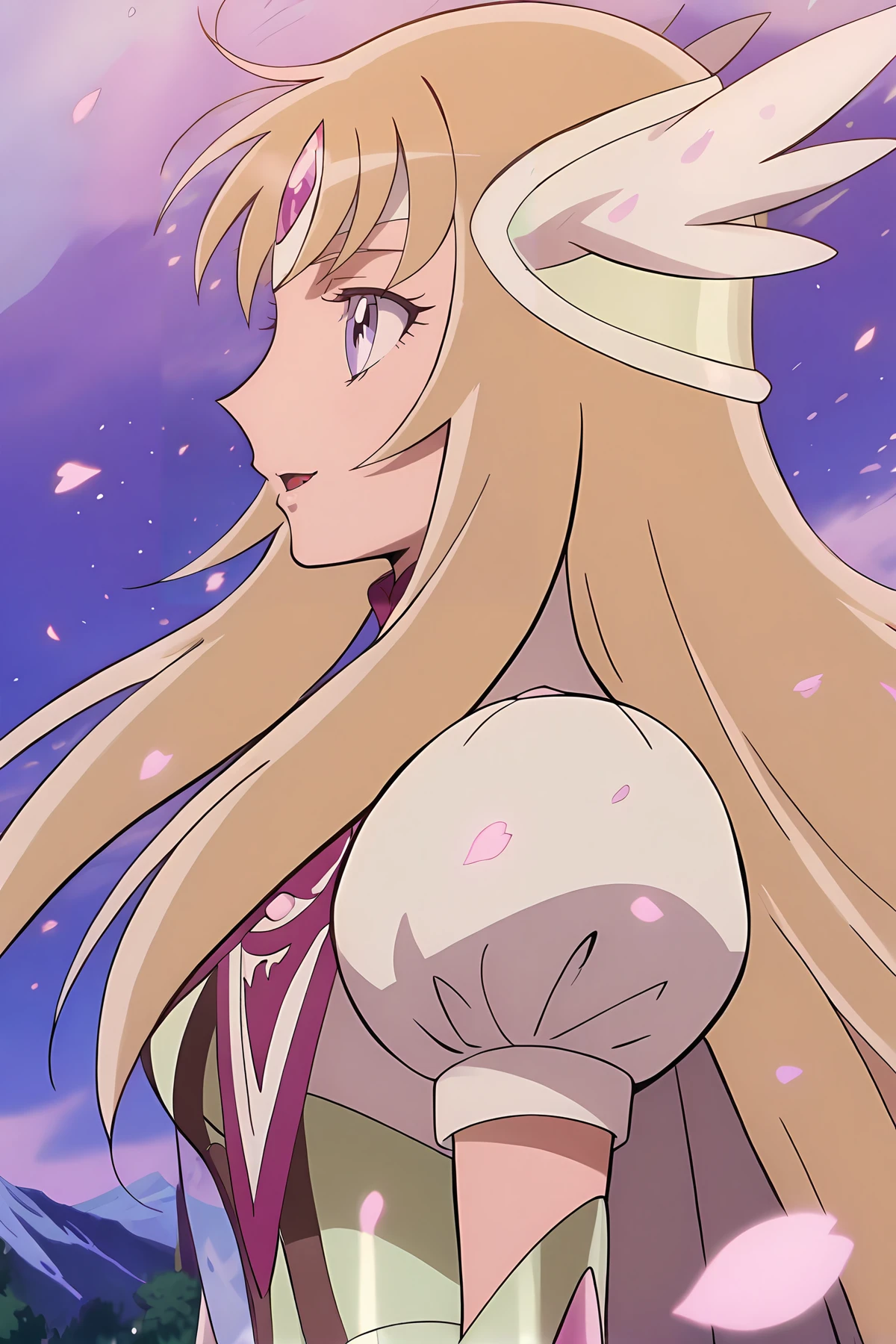 detailed, absurdres, highres, masterpiece, best quality, amazing quality, official anime artwork, screencap, anime screencap,
<lora:Aquila_Yuna_V3_Illustrious:1> Aquila Yuna, 1girl, solo, long hair, blonde hair, brown hair, blue eyes, purple eyes, anime coloring, Old Aquila Armor, puffy sleeves, puffy short sleeves,
smile, from the side, from side, petals, outdoors, floating hair, :o, profile,