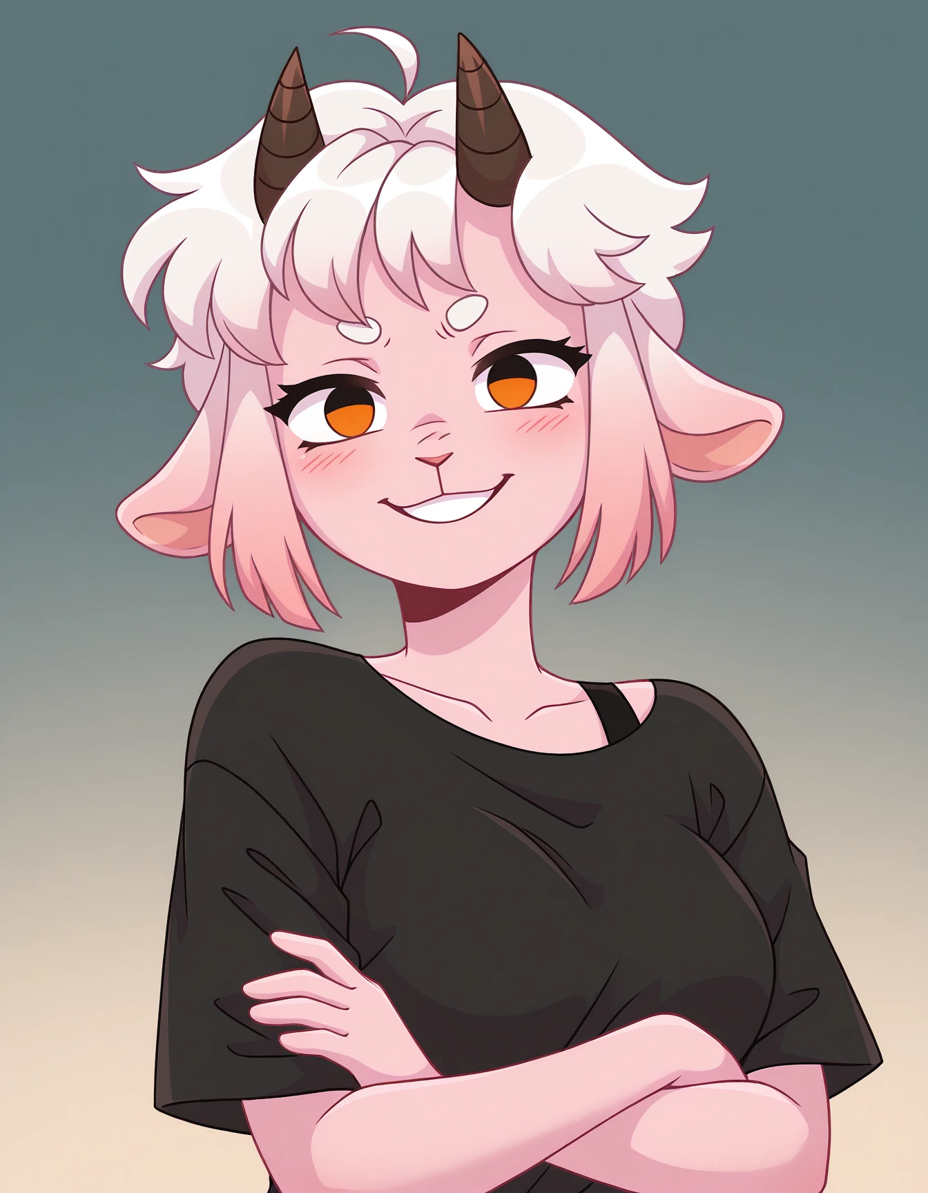 masterpiece, best quality, solo
Eiko-vkstickrs, white hair, pink fur, orange dot eyes, black t-shirt, smile, looking at viewer, crossed arms, gradient background, standing, 4 fingers
 <lora:Eiko-vkstickrs_il:0.9>