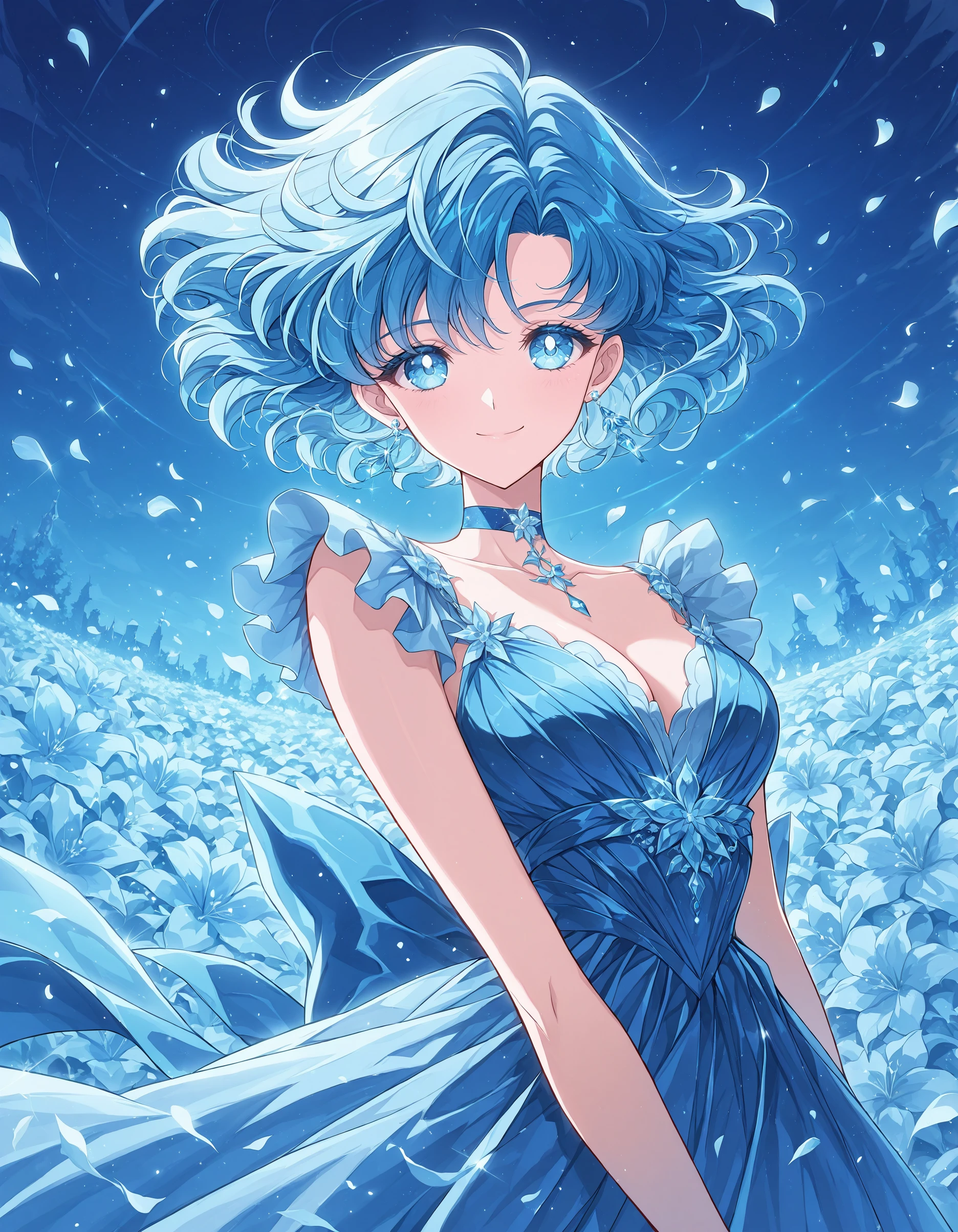 masterpiece, best quality, very aesthetic,S4ilor_style_illu, 1girl, solo, blue hair, blue eyes, short hair, blue theme, jewelry, earrings, dress, flower, looking at viewer, smile, petals, choker, blue choker,   <lora:S4ilor_style_illu_2-000010:1>