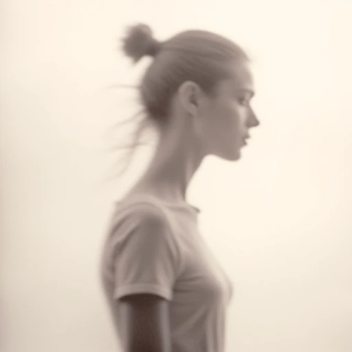 an aesthetic, minimalist depiction of a female profile in side view. she wears a t-shirt. The focus is on the soft contours and calm, monochromatic tones. The scene feels mystical and dreamy, almost as if viewed through a delicate mist, with gentle light accentuating the silhouette. The background is diffuse and creamy white, drawing attention to the elegant simplicity of the figure.