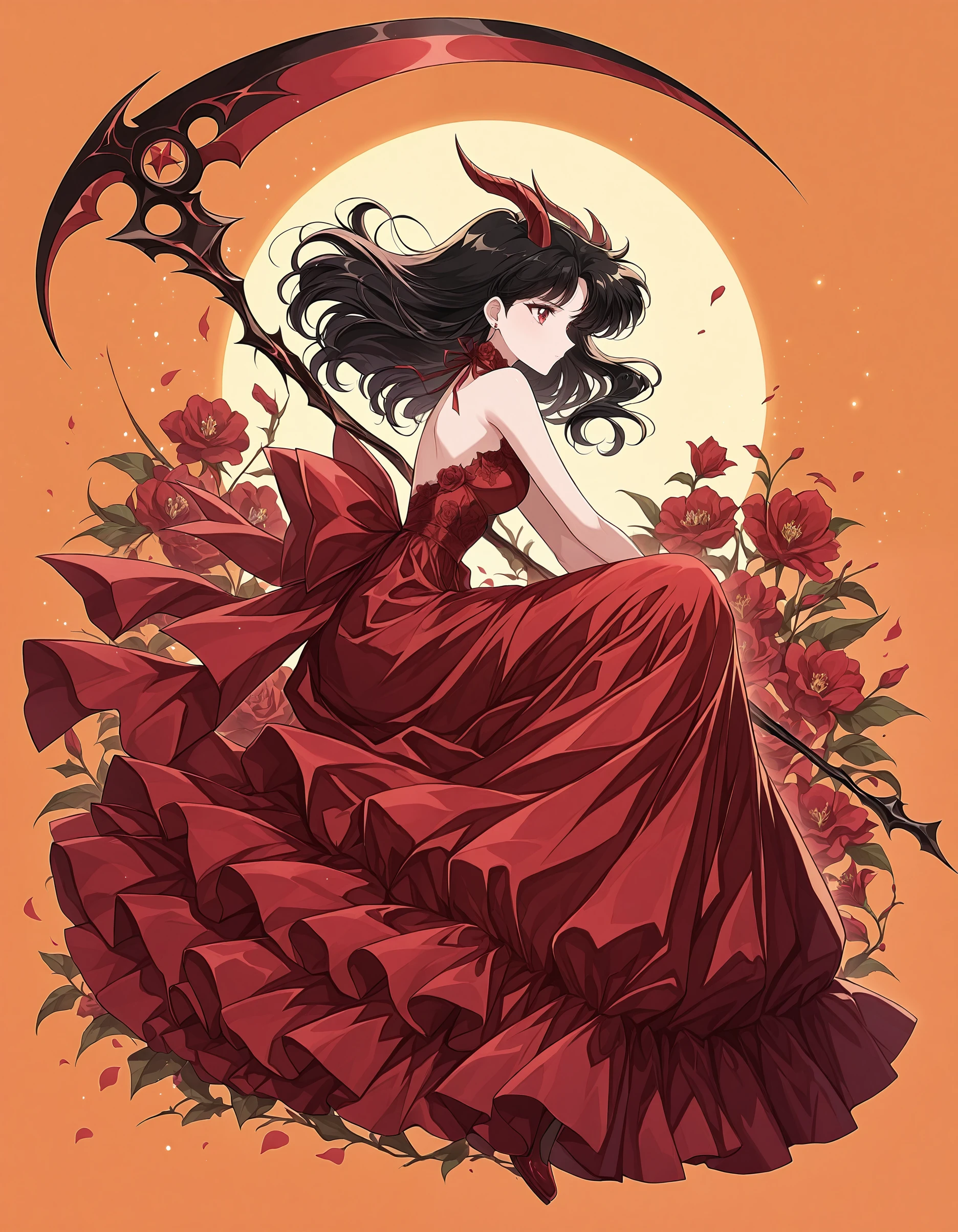 masterpiece, best quality, very aesthetic, S4ilor_style_illu,1girl, dress, red dress, solo, red flower, horns, scythe, black hair, glossy, orange background, side view, full body,  <lora:S4ilor_style_illu_2-000010:1>