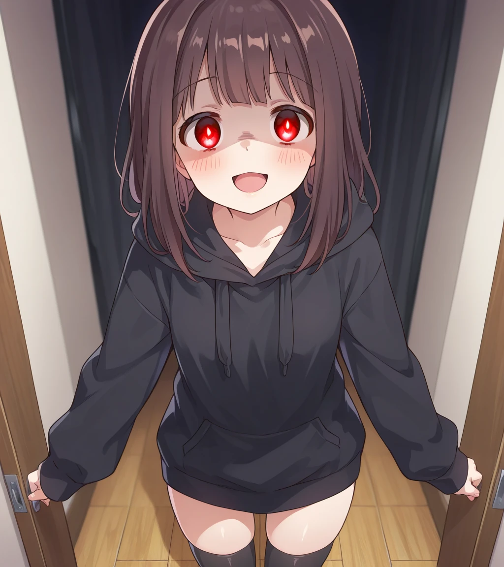 1girl,yandere,
shaded face, 
masterpiece, best quality    <lora:nanase_kurumi:1> nanase_kurumi,hoodie, black thighhighs,