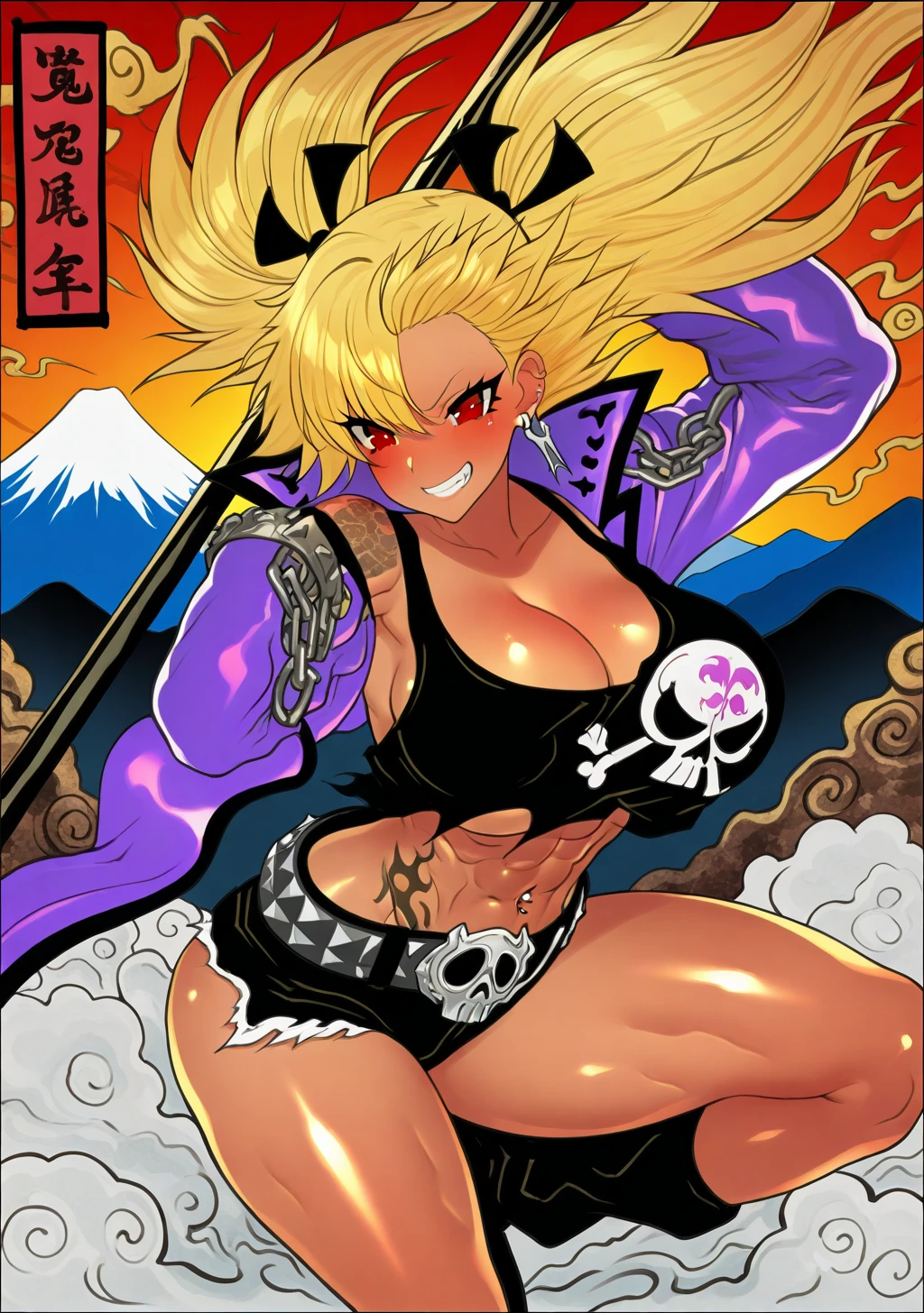 masterpiece, best quality, absurdres, perfect lighting,shiny skin,<lora:StS-Illustrious-Detail-Slider-v1.0:3>,1girl,large breasts,fukushima,blonde hair, hair intakes,twintails, red eyes,dark skin,gyaru,<lora:fukushima_muramasa:0.9>,long sleeves,black tank top,torn clothes,purple armor,belt,black shorts,skull print,navel piercing,earrings, tattoo, chain,jewelry, piercing,abs,holding weapon,weapon,spear,mountain,horizon,sunset,sky,mountaintop,clouds,air,wind,traditional japanese art,fighting stance,<lora:traditional_japanese_art_illustriousXL:1>,grin