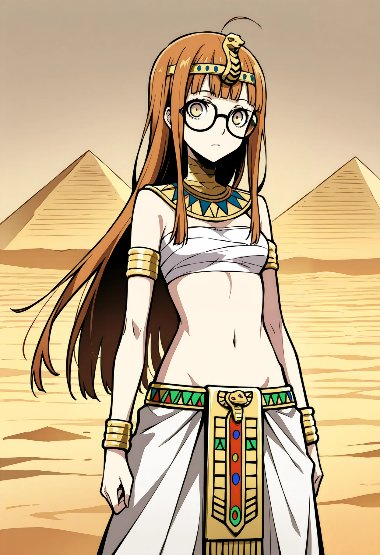 1 girl, solo, cute face,
p5futaba, sakura futaba, long hair, glasses, blunt bangs, orange hair, ahoge
p5futaba-cognitive, (yellow eyes:1.2), jewelry, navel, midriff, sarashi, armlet, skirt, bandages, bracelet, long skirt, egyptian clothes, egyptian, usekh collar, headdress, bandaged chest, pelvic curtain, bare shoulders, headdress
desert, pyramid, looking at viewer, expressionless,
masterpiece, best quality, ultra detailed, thin outlines