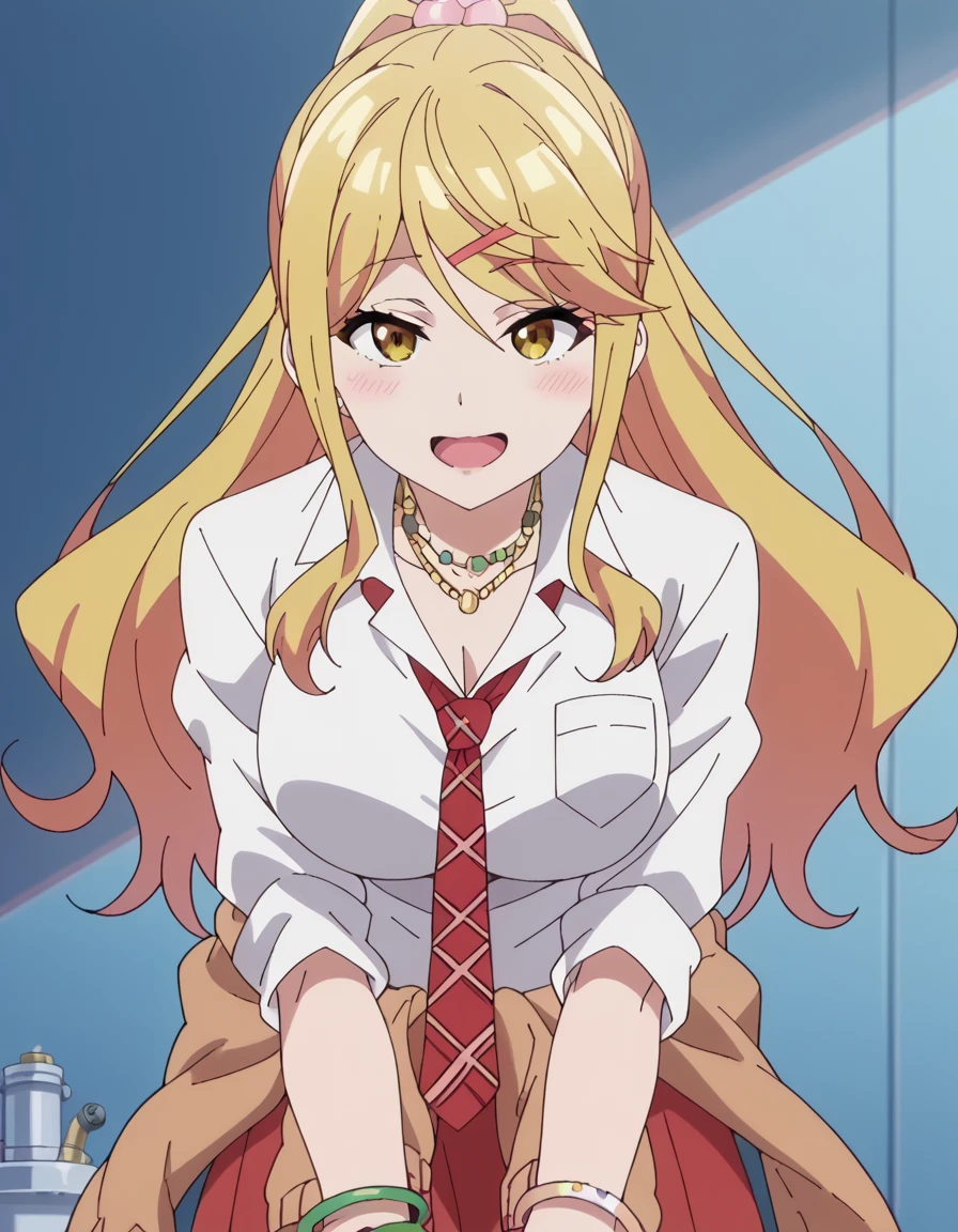 score_9, score_8_up, score_7_up, source_anime, <lora:himari-ishikura-alpha-ponyxl-lora-nochekaiser:1>, himari ishikura, long hair, bangs, blonde hair, large breasts, hair ornament, yellow eyes, ponytail, hairclip, high ponytail, large breasts, anime screencap, skirt, shirt, jewelry, school uniform, white shirt, necktie, collared shirt, necklace, bracelet, red skirt, red necktie, clothes around waist, gyaru, refinery, pipes, smoke, metal, oil, smile, <lora:x-arms-ponyxl-lora-nochekaiser:1>, x arms, blush, open mouth, leaning forward,, looking at viewer, solo,, cowboy shot, solo