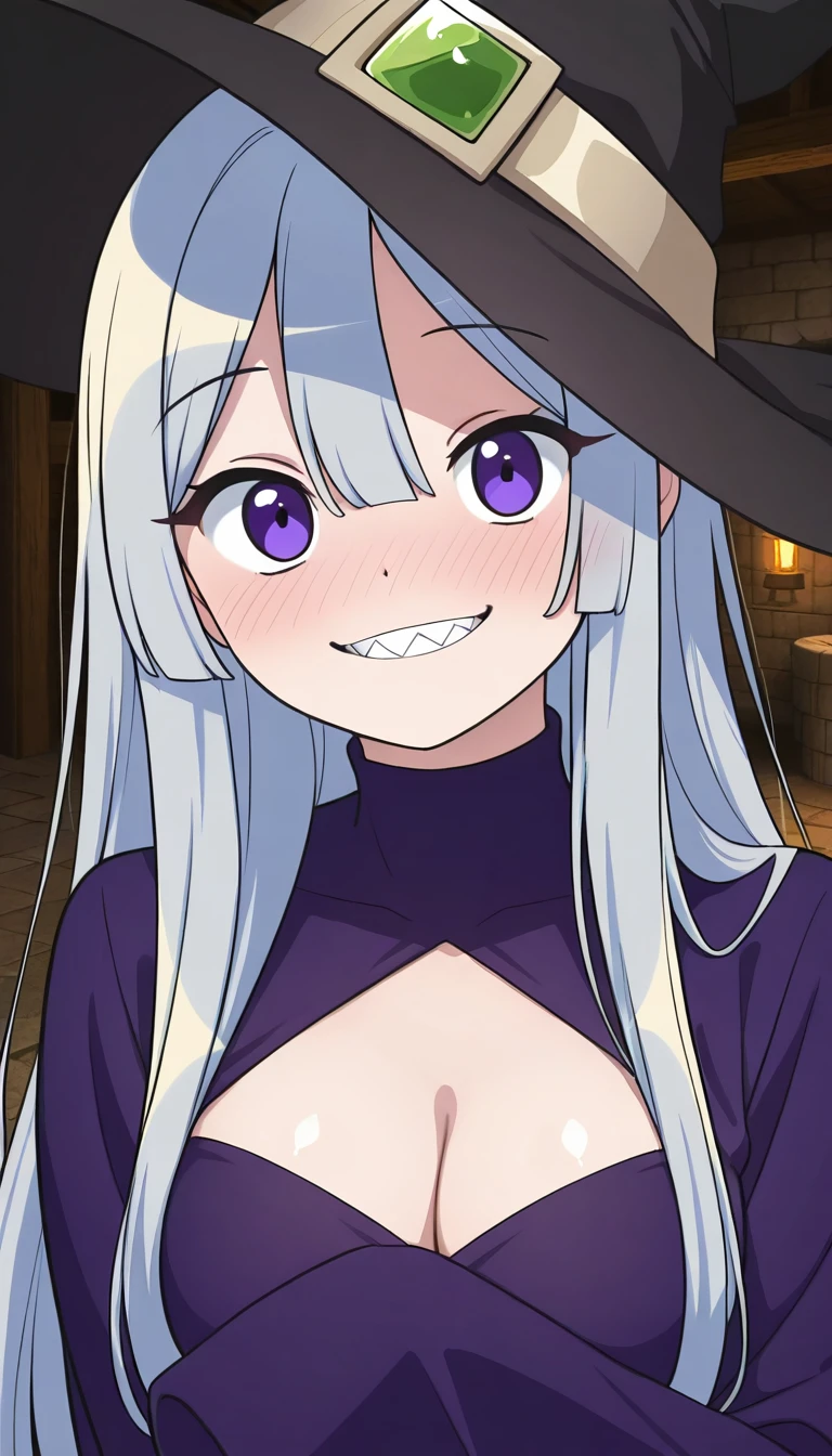 (masterpiece, best quality:1.2),illustration,8k,hd,1girl,solo,long_hair,smile,breasts,cleavage,bangs,purple_eyes,grey_hair,teeth,grin,black_headwear,witch_hat,sharp_teeth,sidelocks,black_thighhighs,long_sleeves,purple_dress,cleavage_cutout,clothing_cutout,wide_sleeves,white boots,<lora:WitchGirl Bubble-V1:0.9>,