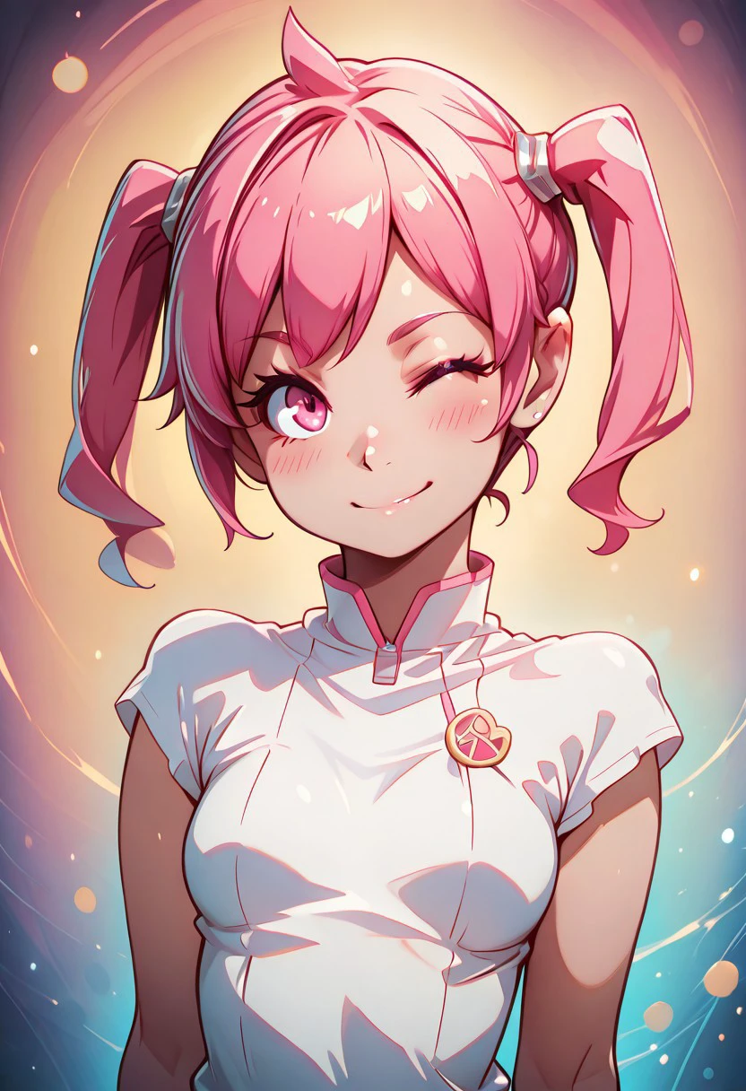 masterpiece, best quality,
Solo,1girl, akiho_rindou, pink hair, twintails, pink eyes
upper body, dynamic pose, white tshirt, small breasts, smile, wink, peace sign
pastel colors, bokeh, luminescent background,