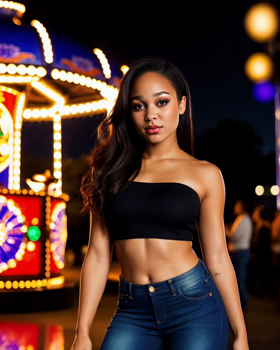"A young black woman, athletic, about 23 years old, with rich olive skin and natural, voluminous curly hair, styled in an afro. She is dressed in a chic, fitted blouse and high-waisted pants that accentuate her curves.. Woman is in an amusement park during the day, taking selfies with a confident, warm smile on your face. The environment is lively and colorful, with roller coasters and amusement cars in the background, reflecting your influential and fashionable presence on social media."