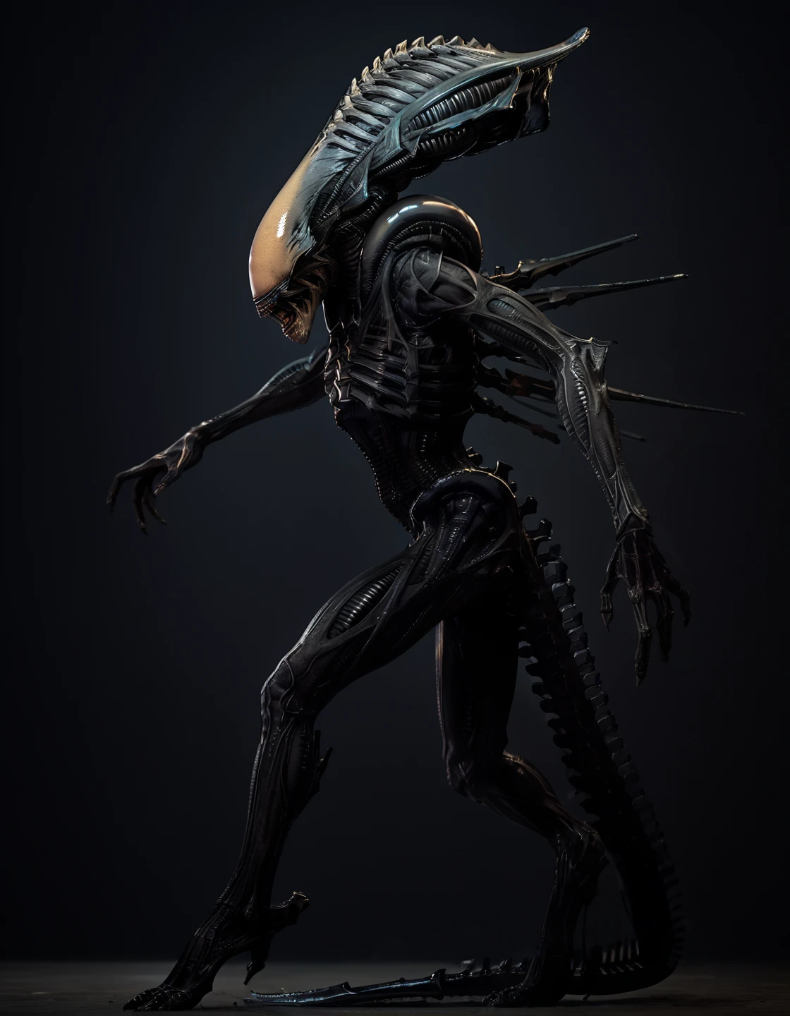 score_9, score_8_up, score_7_up, score_6_up, source_furry, solo, full-length portrait, dark background, blurred background, digital art, , back view,  <lora:Alien_-_Praetorian_PONY:1> xenomorph_praetorian, action pose, cinematic, xenomorph