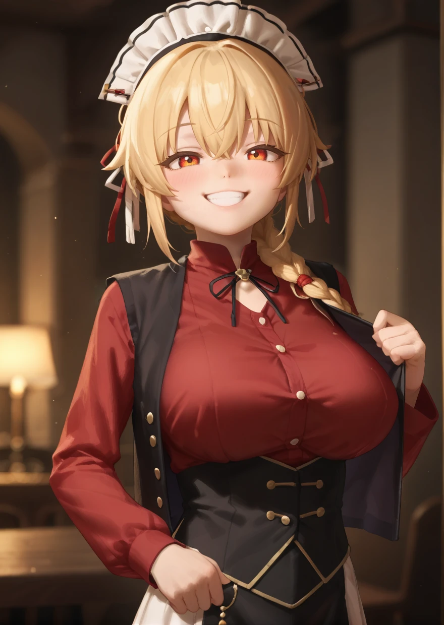 best quality,peachyp,1girl, female focus,headdress,, large breasts, black vest, red shirt,, closeup,sfw, smile,
 <lora:PeachyP_PonyXL_Style:0.8>