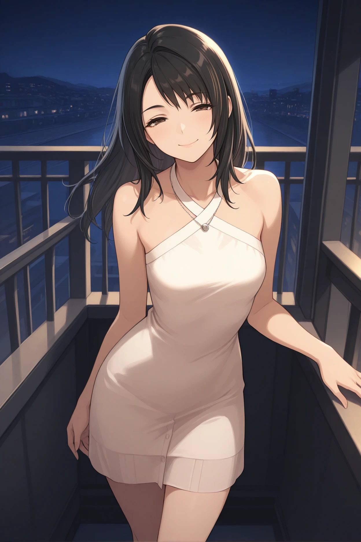 masterpiece, best quality, 1girl, solo,  <lora:ffrinoa-illu-nvwls-v1-000007:1> ffrnaht, black hair, long hair, dark brown eyes, necklace, white dress, short dress, bare shoulders, halterneck, looking at viewer, smile, night, balcony, looking at viewer, half-closed eyes