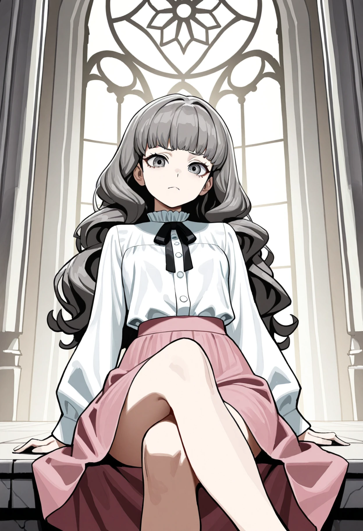 masterpiece, best quality, amazing quality, very aesthetic, absurdres, newest, 1girl, detailed face,
mangamaster, grey cathedral background, 
<lora:marina_illustr2-000004:1> white shirt, pink skirt, long skirt, grey hair, mar1na_fear, small breasts, long sleeves, long hair, bangs, black ribbon, neck ribbon, blunt bangs,
sitting, crossed legs