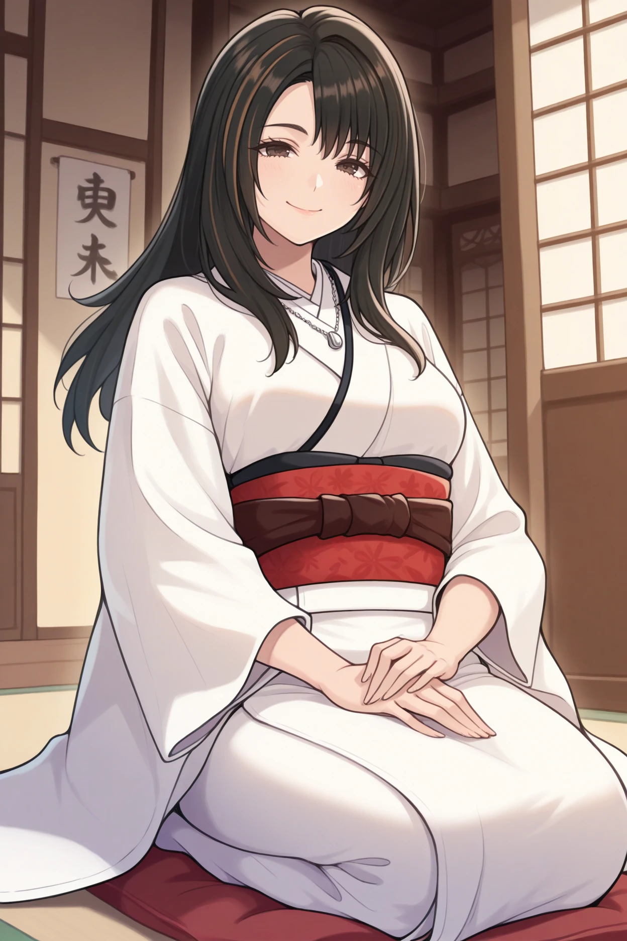 masterpiece, best quality, 1girl, solo,  <lora:ffrinoa-illu-nvwls-v1-000007:1> ffrnaht, black hair, long hair, streaked hair, dark brown eyes, necklace, white kimono, sash, looking at viewer, seiza, smile, hand on own lap, japanese architecture, indoors