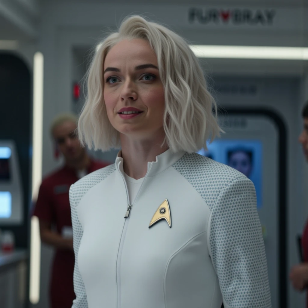 ultra-realistic high resolution photo of christine. She has pale porcelain skin with light freckles and is wearing a white jacket. She is standing in the med bay on the star trek starship enterprise.