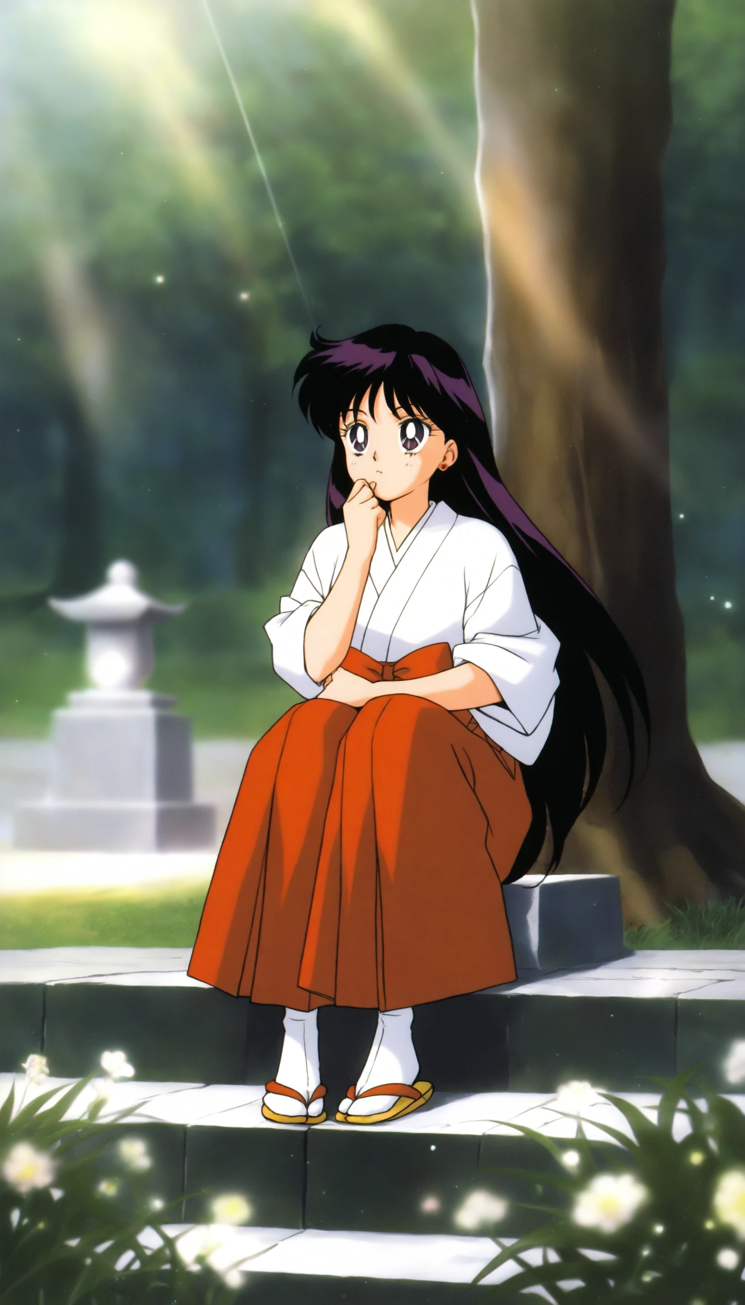masterpiece,best quality,amazing quality,
<lora:hinoreiIL:1>,sailormarshinorei,
1girl,solo,
black hair,long hair,bangs,
purple eyes,looking ahead,thinking,
white robe,red hakama,white tabi,yellow sandals,
sitting,on stair,
blurry background,depth of field,soft lighting,light particles,vignetting,
temple,courtyard,tree,grass,flower,morning,sunlight,