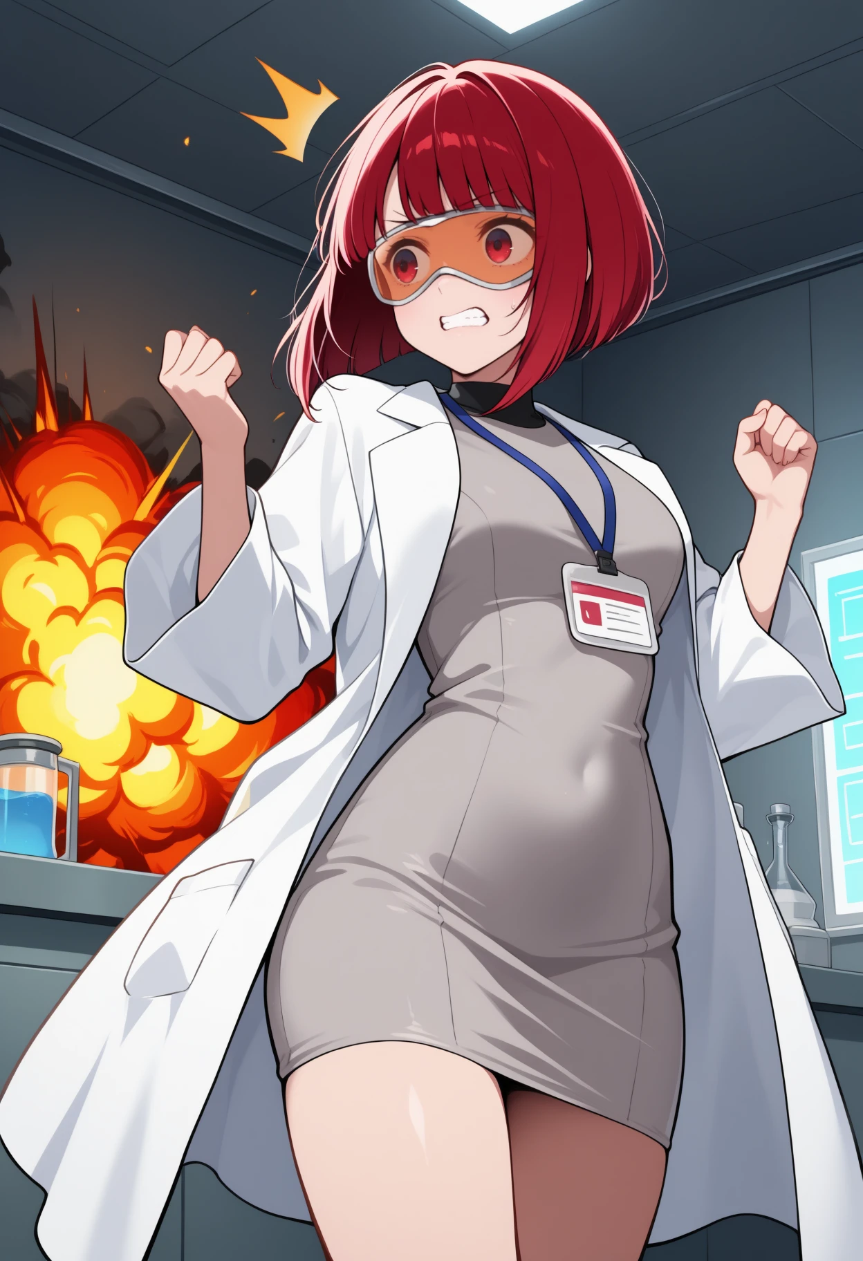 masterpiece, best quality, solo, 1girl, k4narnd, surprised, clenched teeth, looking to the side, standing, hands up, clenched hands, ^^^, medium hair, red hair, bob cut, inverted bob, red eyes, orange-tinted eyewear, goggles, white coat, lab coat, open coat, wide sleeves, short dress, grey dress, pencil dress, lanyard, indoors, laboratory, explosion, fire, burning building
<segment:yolo-Anzhc Face seg 640 v2 y8n.pt,0.4,0.5//cid=1>