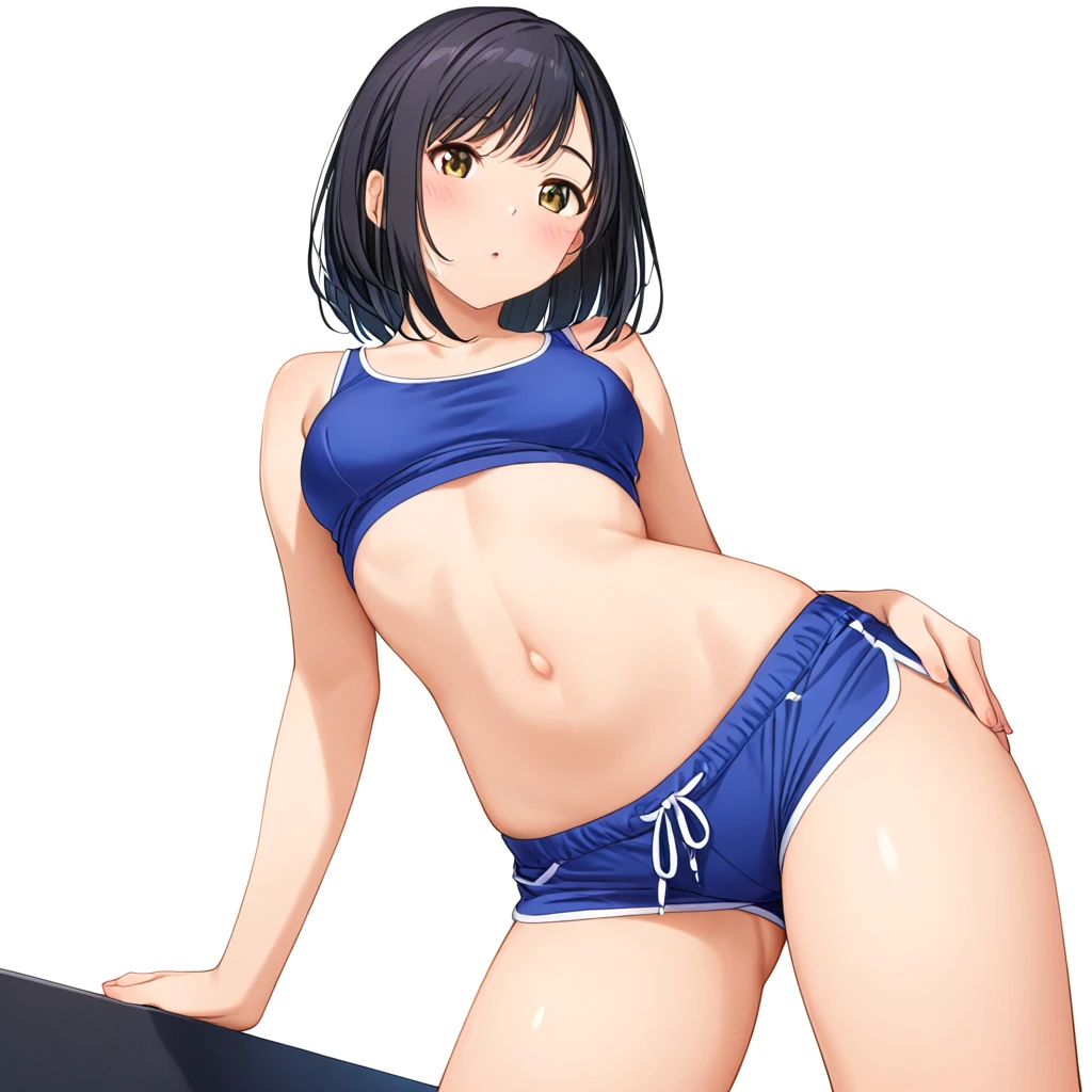 masterpiece, best quality, solo, random pose, sexy pose, seductive pose, model pose, naked, nude, ((white background)), small breasts, standing split, black highleg micro bikini, nipples,