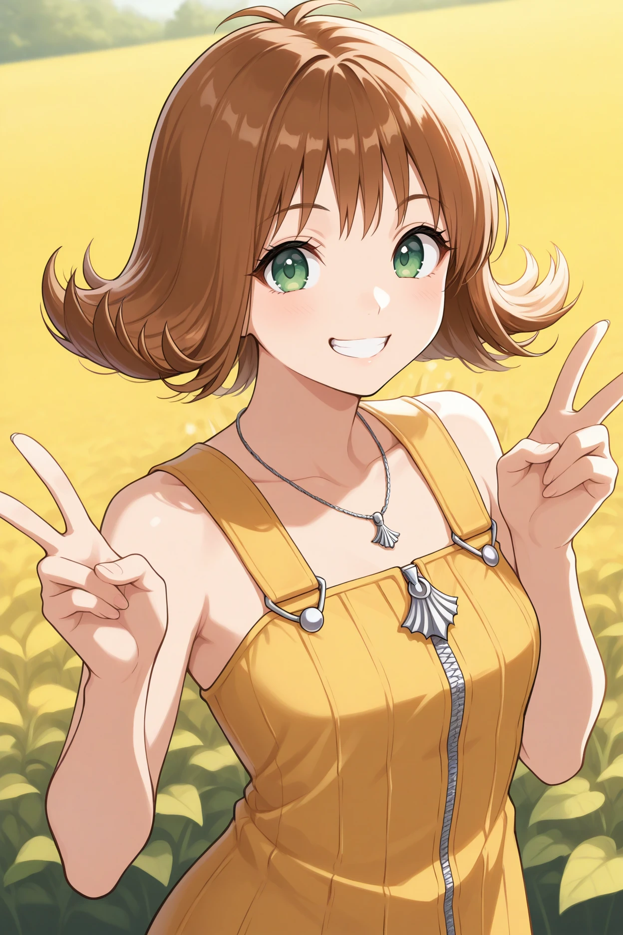 masterpiece, best quality, 1girl, solo,  <lora:ffselphie-illu-nvwls-v1-000006:1> ff8sphe, brown hair, flipped hair, short hair, green eyes, necklace, yellow dress, short dress, sleeveless dress, full-length zipper, upper body, looking at viewer, field, smile, grin, peace sign, excited,