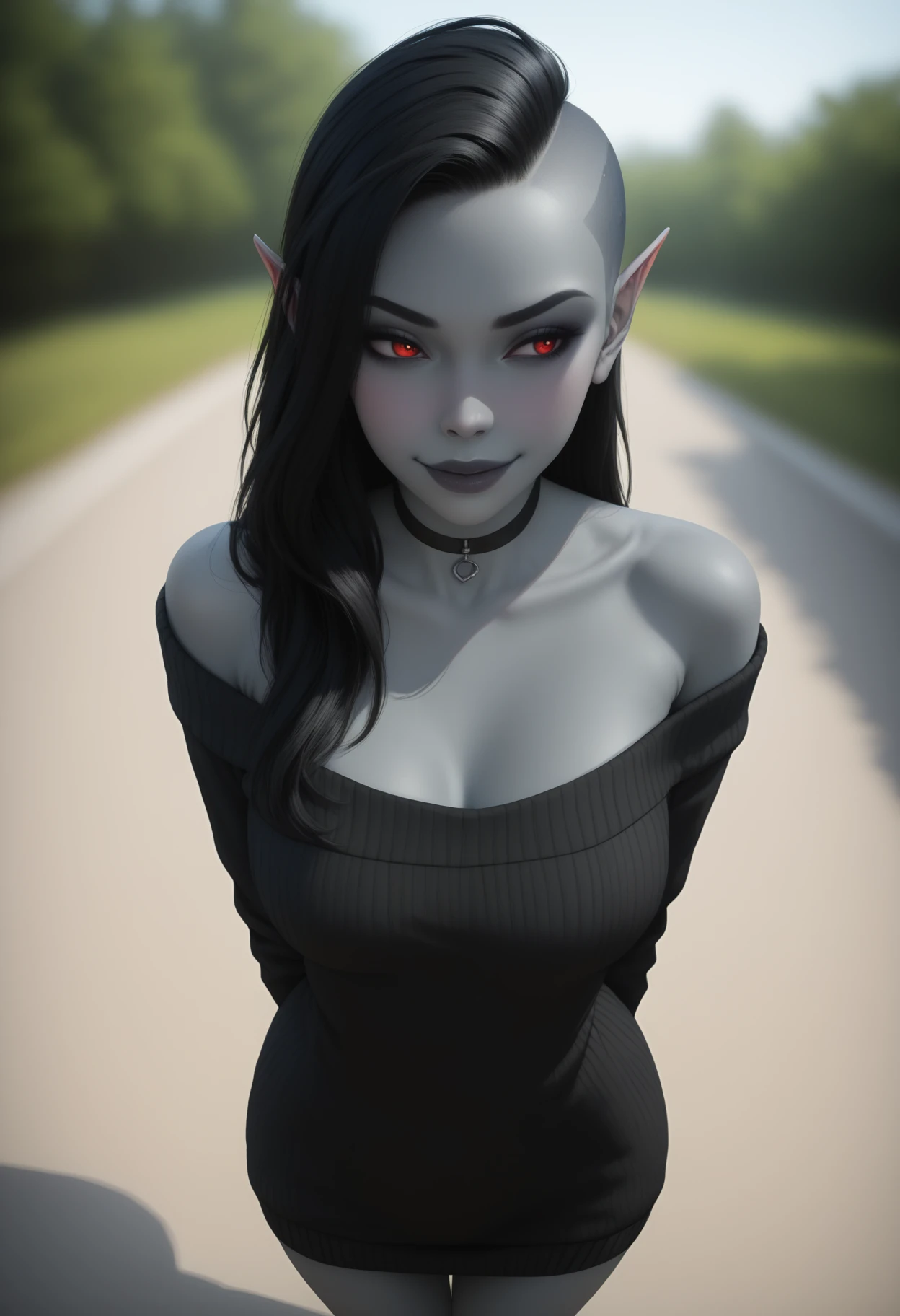 ((masterpiece, best quality, absurdres)),
1girl, solo, sexy sweater dress, black sweater, scoop neck, long sleeves, bare shoulders, black choker,
outdoors, day,
simple background, depth of field,
naughty face,
arms behind back, looking away,
wide shot, from above,
<lora:Dark_Dalsi_Illust_v1:0.7> d4rkd4ls1, red eyes, black hair:long hair:sidecut, grey skin,