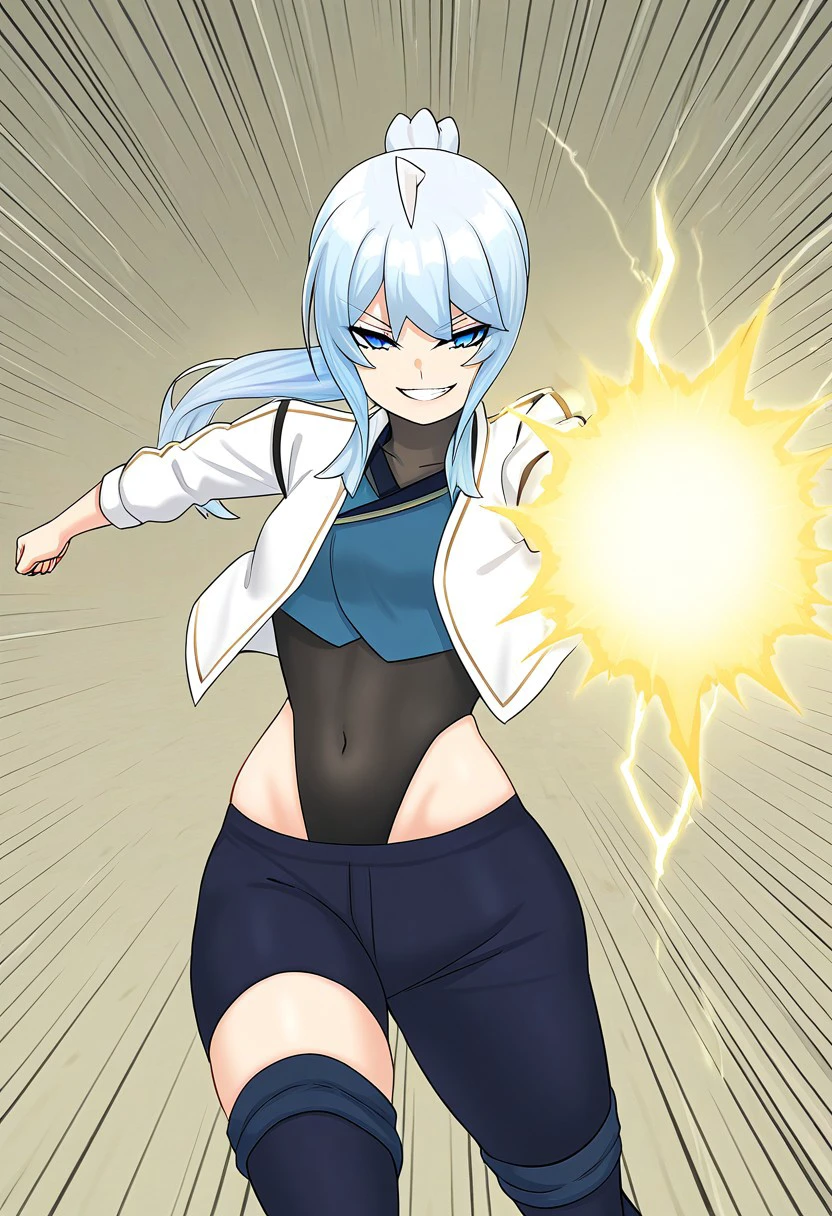 score_9, score_8_up, score_7_up, ASCII masterpiece, source_anime, BREAK, 1girl, solo, (( <lora:ruina:1> , ruina, thin waist, thin hips, beautiful skin, piercing blue eyes, clear eyes, bright pupils, beautiful eyes, beautiful light blue hair, ponytail, ahoge, bangs, small breasts, natural beauty, extraordinary beautiful woman, attractive woman, super sexy woman, lustful body, sexy woman with seductive obscene body, sensual body, voluptuous body, sexy beauty, no piercings, no piercing, )) , ((formal, black leotard, micro white jacket, blue top, blue shorts, blue thighhighs, )) , uncensored, very detailed, high detailed texture, detailed background, grin, looking at viewer, solo, (motion_blur:1.2), (motion line:1.1), (speed_lines:1.1), fighting_stance, standing, punching, aura effect, Lightning Effects, detailed background, glitter, anime screencap, anime coloring, masterpiece, best quality, good quality, newest,