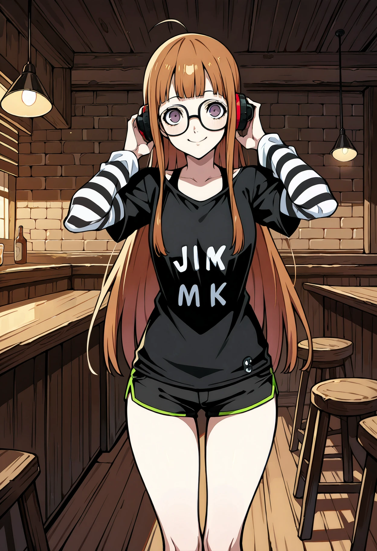 1 girl, solo, cute face,
p5futaba, sakura futaba, long hair, glasses, blunt bangs, orange hair, ahoge
p5futaba-lounge, black shirt, striped sleeves, behind-the-head headphones, (jlmk!:1.2), black shorts, short shorts,
cafe, standing, looking at viewer, smile,
masterpiece, best quality, ultra detailed, thin outlines