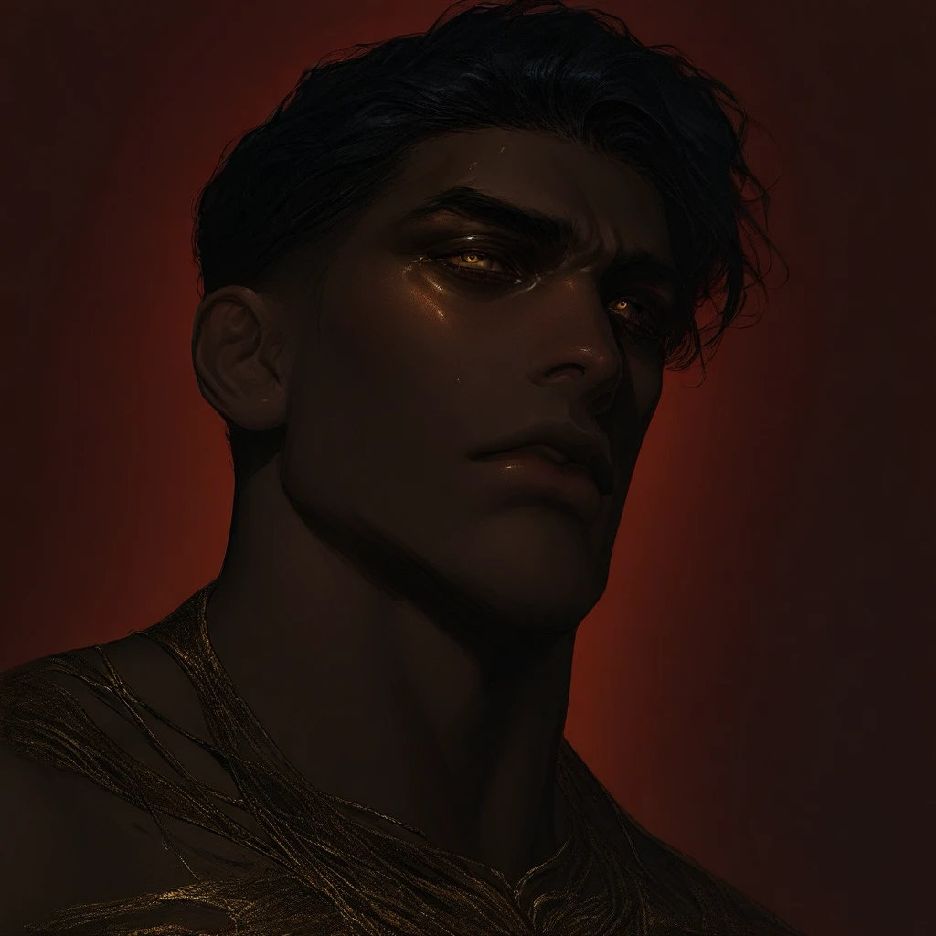 masterpiece,best quality,amazing quality, digital painting, semi-realistic, handsome man, black hair, dark skin, gold eyes, red theme, male focus, portrait